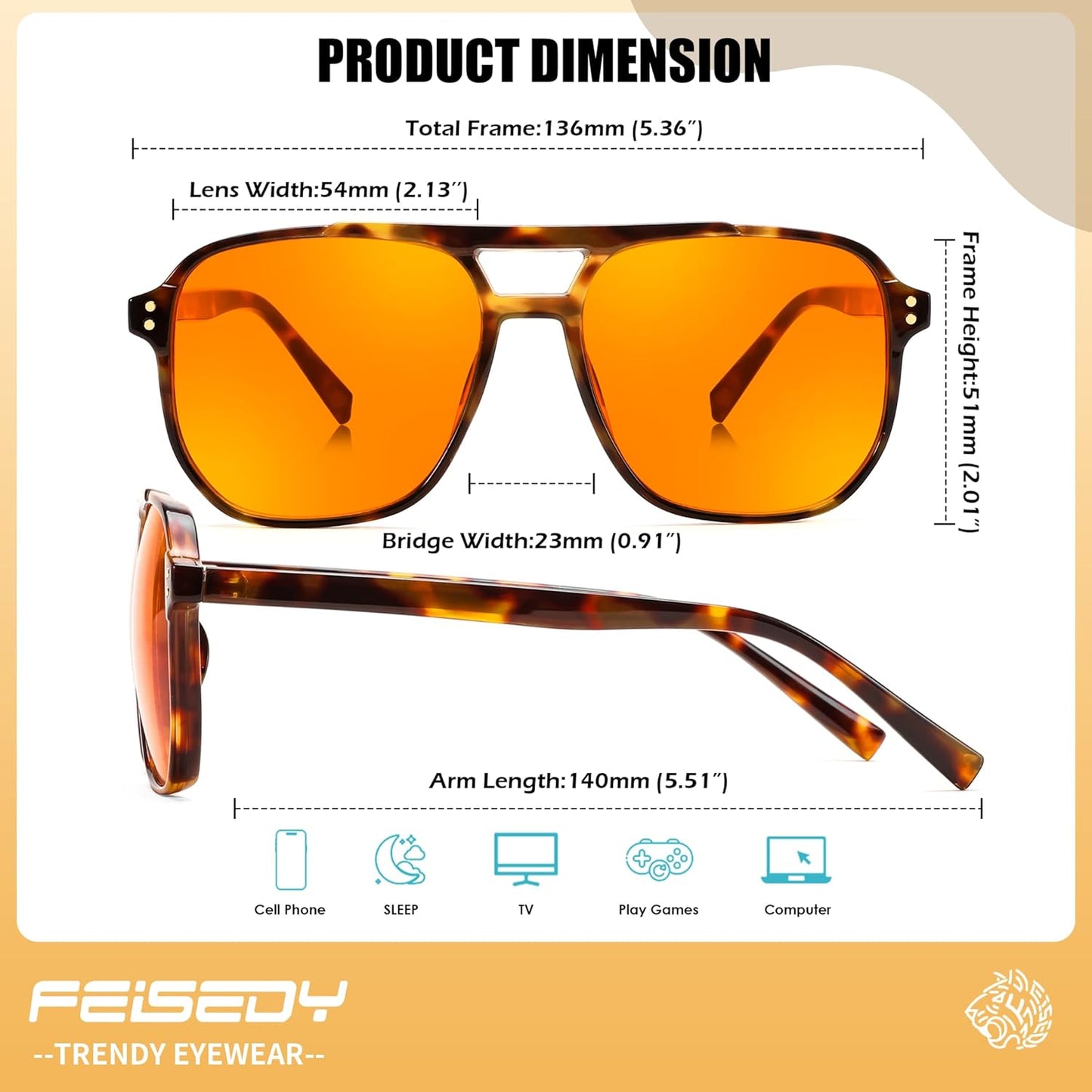 FEISEDY Amber Blue Light Glasses for Computer Gaming Orange/Yellow lens Anti Eyestrain Sleep Glasses G2835