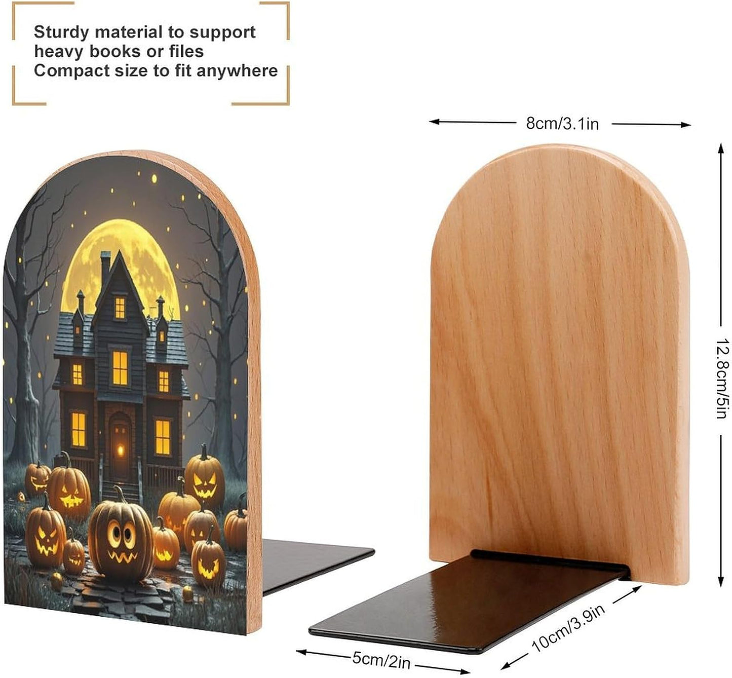 Halloween Night Bookends 1 Pair Heavy Duty Book Ends for Shelves Non-Skid Bookend Supports Wooden Book Holders with Metal Base Desk Organizers Books Storage to Hold Books