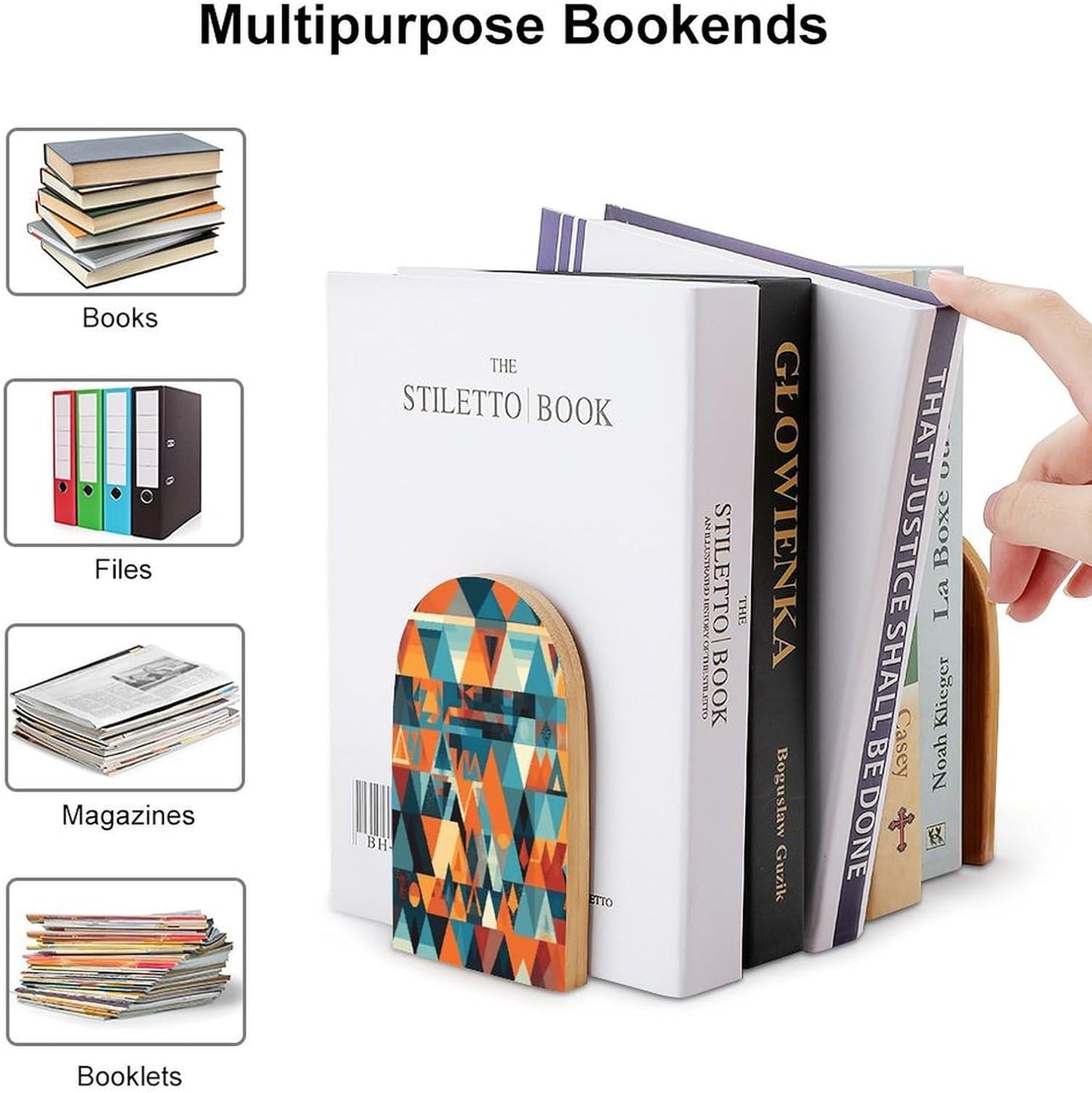 Colorful Geometric Shapes Bookends 1 Pair Heavy Duty Book Ends for Shelves Non-Skid Bookend Supports Wooden Book Holders with Metal Base Desk Organizers Books Storage to Hold Books