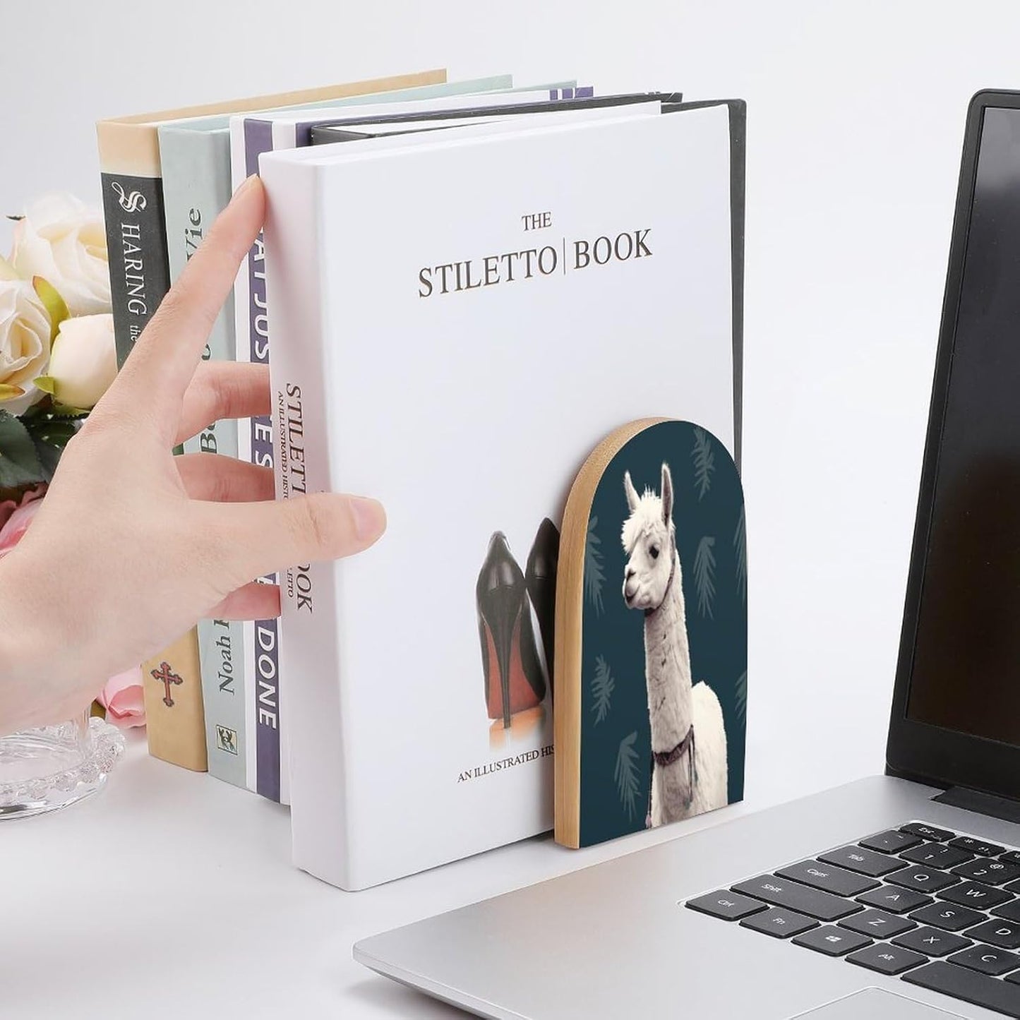 Alpaca Llama Bookends 1 Pair Heavy Duty Book Ends for Shelves Non-Skid Bookend Supports Wooden Book Holders with Metal Base Desk Organizers Books Storage to Hold Books