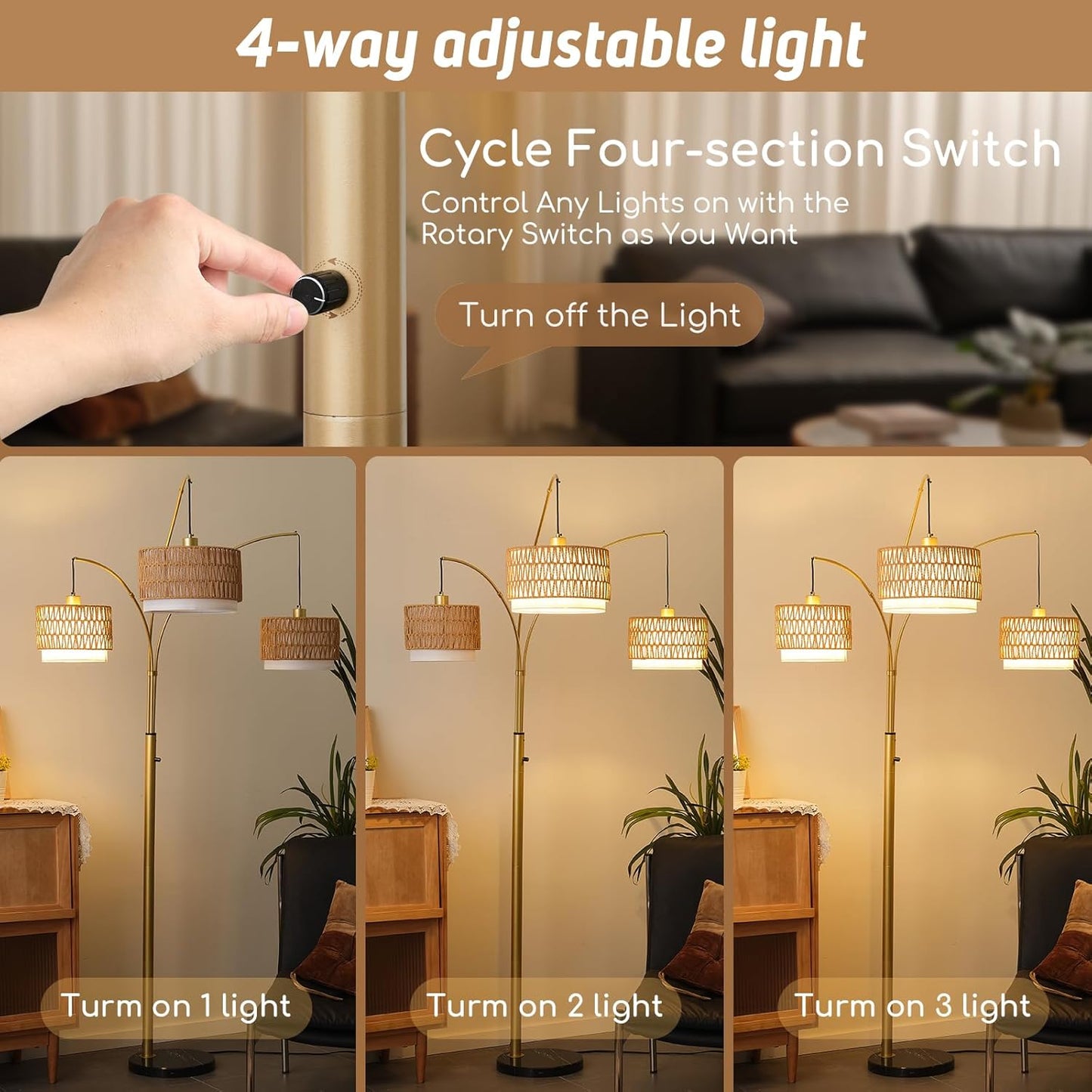Gold Rattan Floor Lamp for Living Room, 80 Inch Tall Boho Floor Lamp with Rotary Switch, 3 Lights Arc Lamp with Wicker Shade for Coastal,Bohemian,Tree Farmhouse Standing Lamp