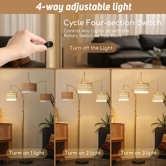 Gold Rattan Floor Lamp for Living Room, 80 Inch Tall Boho Floor Lamp with Rotary Switch, 3 Lights Arc Lamp with Wicker Shade for Coastal,Bohemian,Tree Farmhouse Standing Lamp