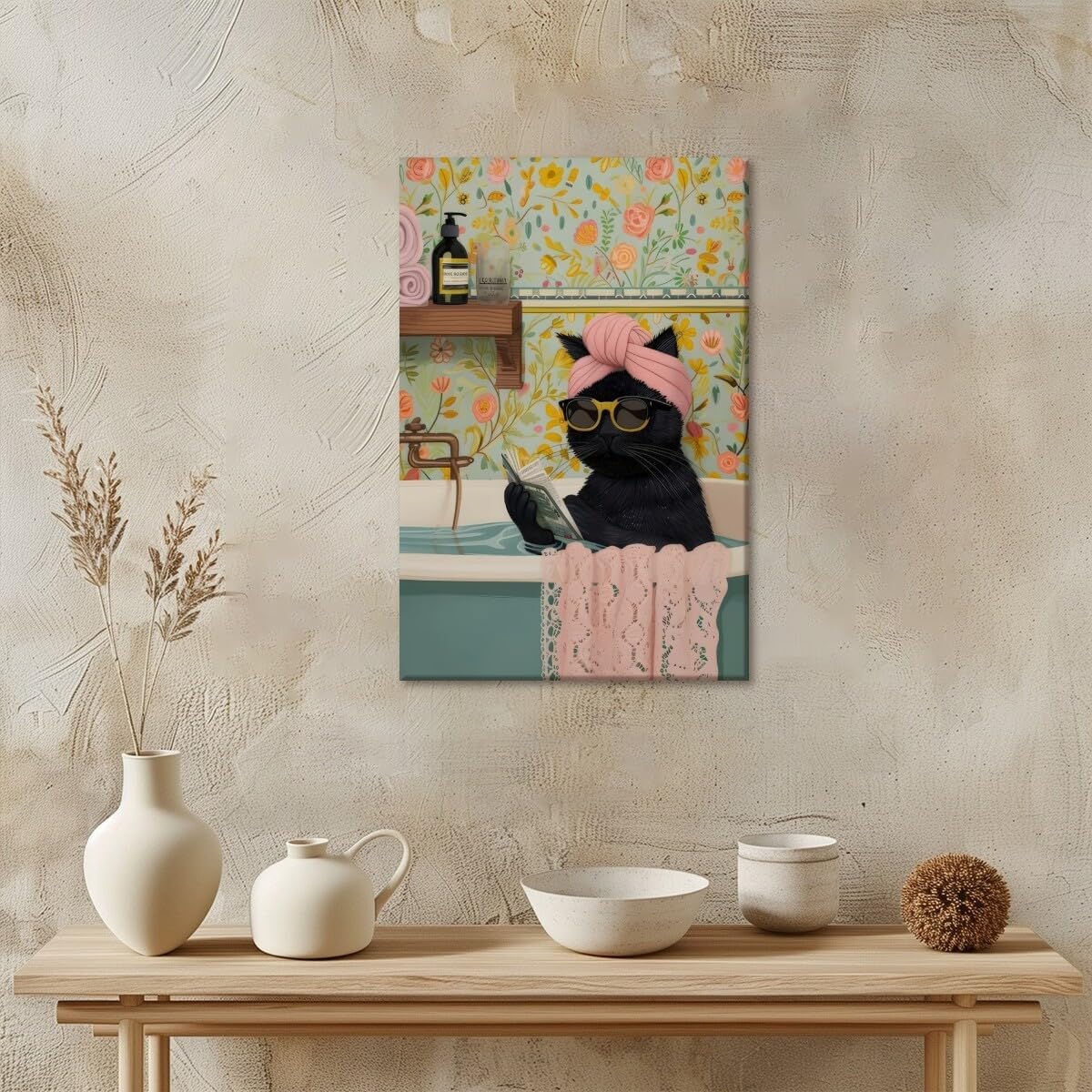 Funny Black Cat Bathroom Canvas Wall Art Cute Cat Reading a book in the Bathtub Poster Print Eclectic wall Decor Trendy Home Aesthetic Bathroom Toilet Decoration Unframed12x18inch