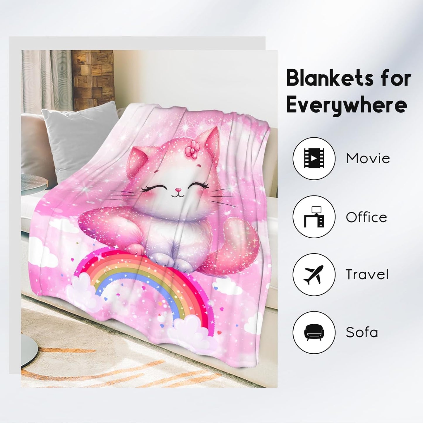 Cat Blanket for Girls Kids Blanket Gifts, Cat Themed Gifts for Women, Warm Flannel Toddler Throws for Couch, 50"x60"