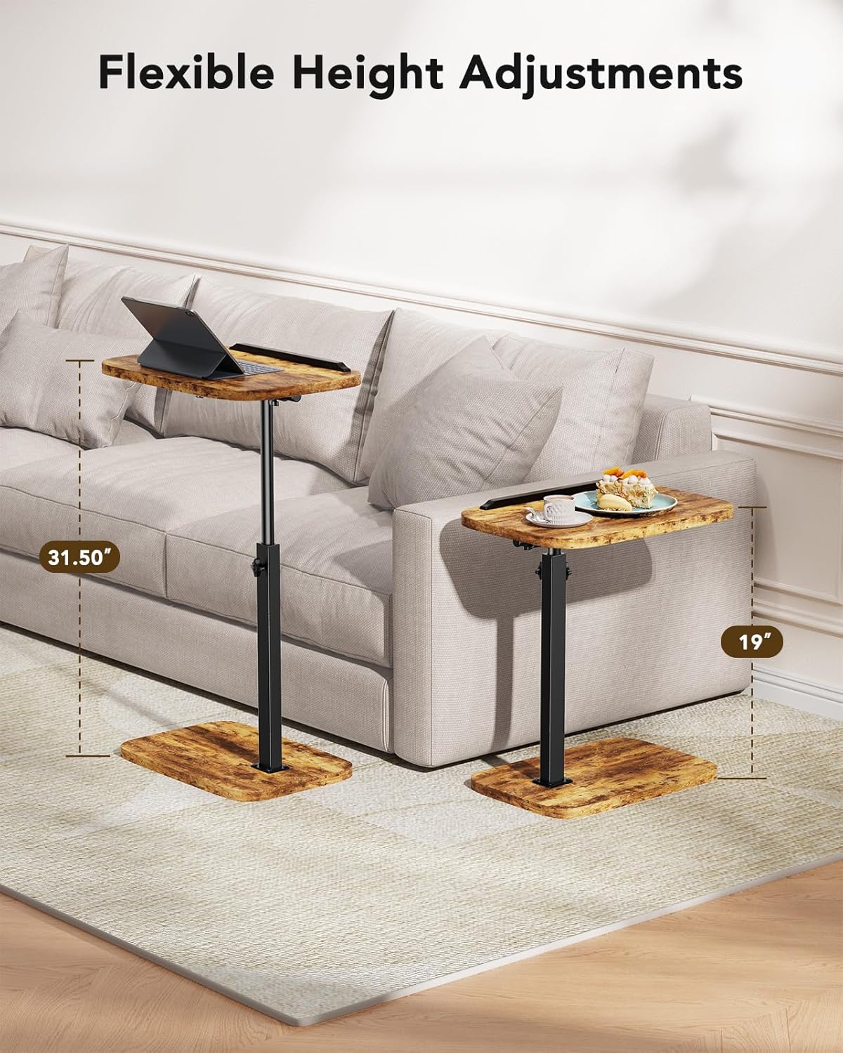 HUANUO Adjustable TV Tray, Height Adjustment TV Trays with 360° Swivel and 90° Tilt, Sturdy & Multi-Functional Sofa Table with Anti-Slip Bar, Side Table for Couch, Bedside, Dining, Living Room
