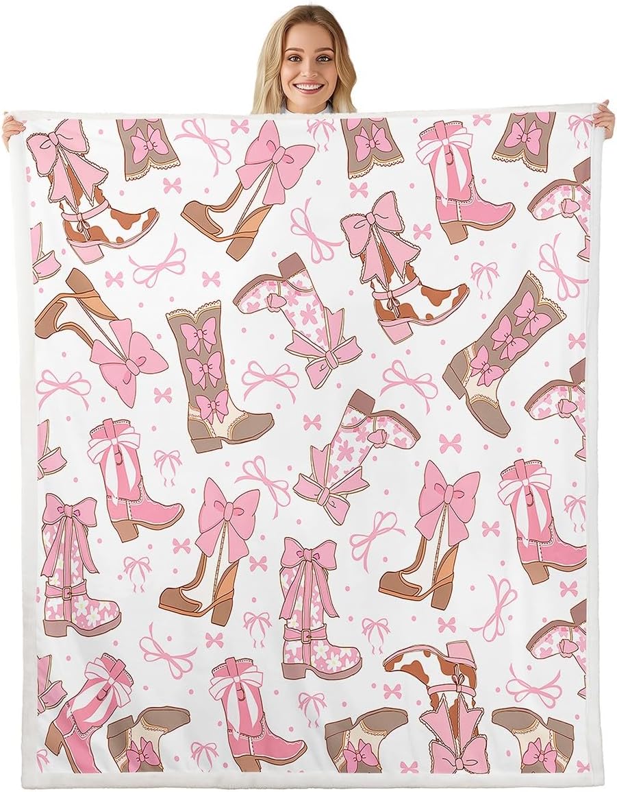 Feelyou Pink Western Sherpa Blanket Cowgirl Cowboy Boots Fleece Throw Blanket for Bed Sofa Couch Kids Boys Room Decor Cute Bowknot Dreamy Princess Style Plush Blanket Throw 50"x60" Girly Fuzzy Blanket