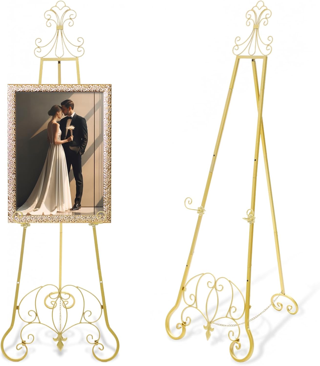 Gold Easel Stand for Wedding Sign, 57'' Adjustable Vintage Scroll Floor Display Stand with Chain Support for Welcome Poster, Photo, Art, Decorative Event Display
