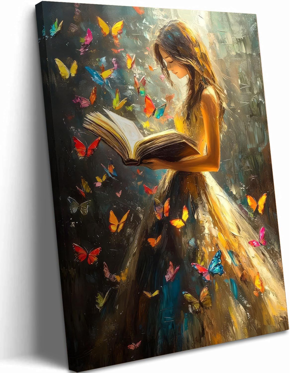 Reading Girl Canvas Wall Art Colorful Butterfly and Victorian Girls Wall DecorGirls Room Poster Print Vintage Book Artwork Painting Pictures for Reading Room Living Room Bedroom Ready to Hang