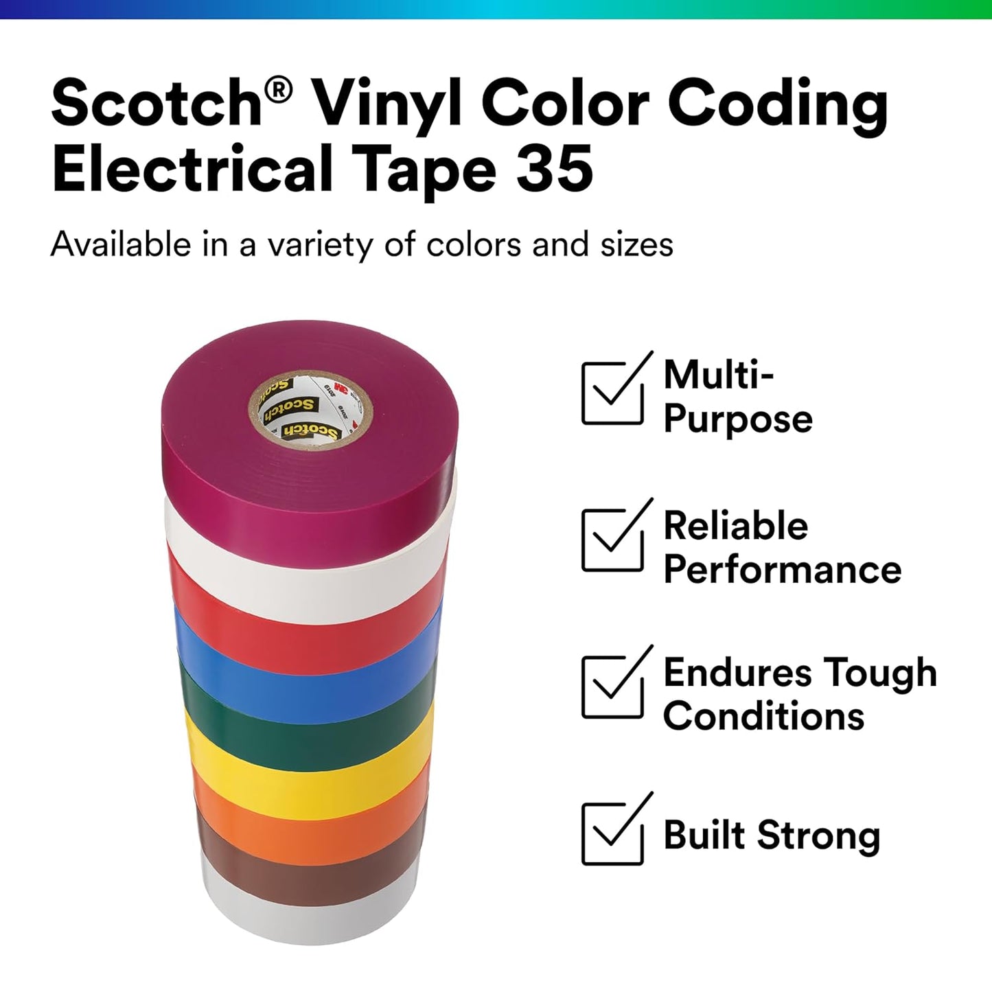 3M Scotch Vinyl Color Coding Electrical Tape 35, 1/2" x 20', Multi-Color, 8 Pack, 7 mil Thick, Premium Grade, Flame Retardant Tape, Color Coding, UL Listed, CSA Certified