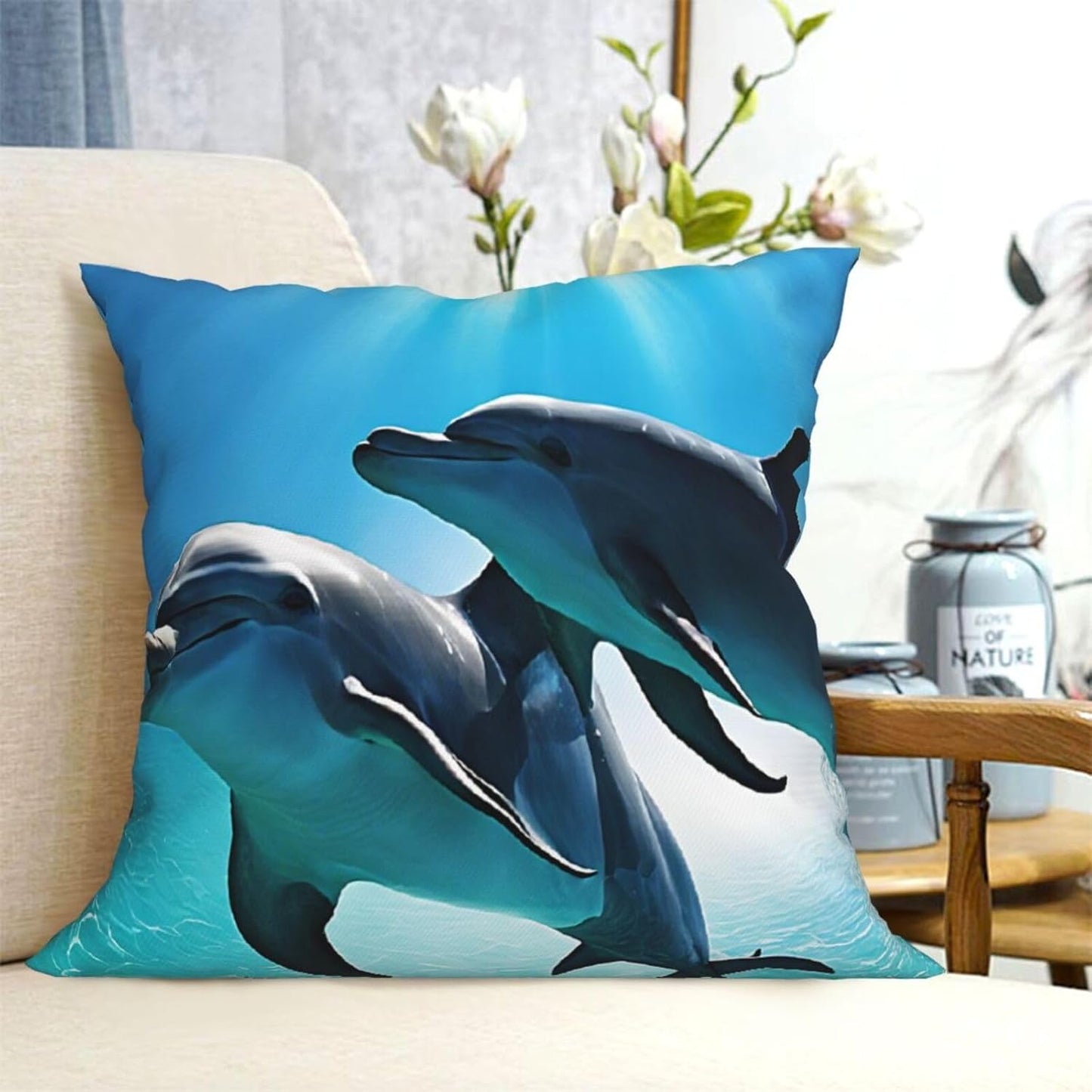 All-Season Square Pillow Covers 18"X18", Dolphins in The Sea, Decorative Throw Pillow Covers for Sofa Bed Couch, Hidden Zipper Cushion Cover, Square Lumbar & Accent Pillowcases for Home Decor