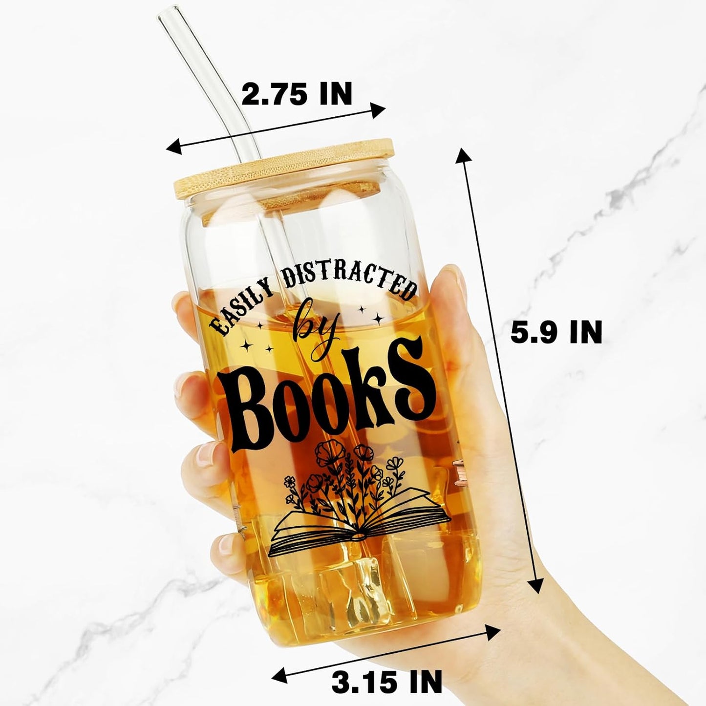 Book Lovers Coffee Glass Cups w/Lids Straws, Easily Distracted By Books Glass Cup, Bookish Gifts for Women, Birthday Gifts For Women Best Friend, Bookworm Club Gift, Student Reading Gift