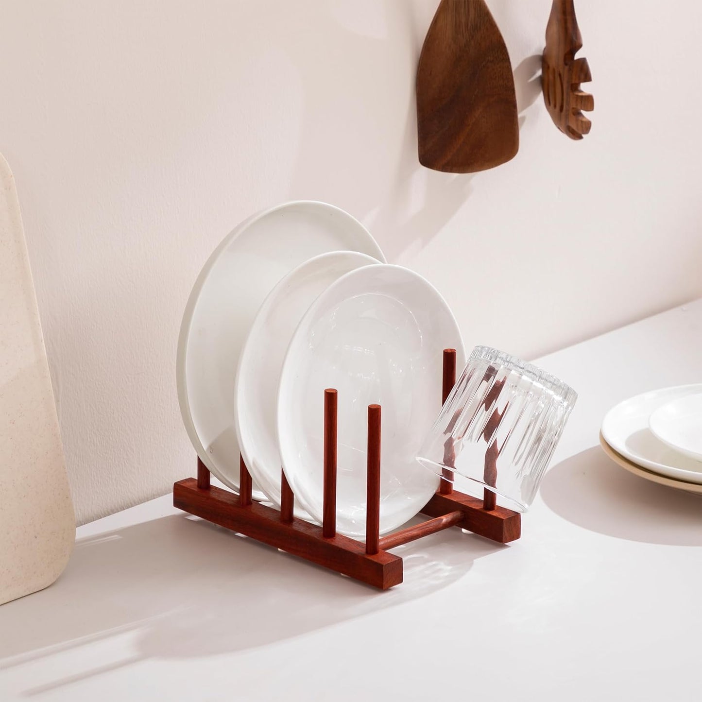 HBlife Padauk Wooden Dish Drying Rack - Home and Kitchen Organizer for Cups, Bowls, Pots, Lids, Cutting Boards & Plates Space-Saving for Cabinets Counters (4 Slots)