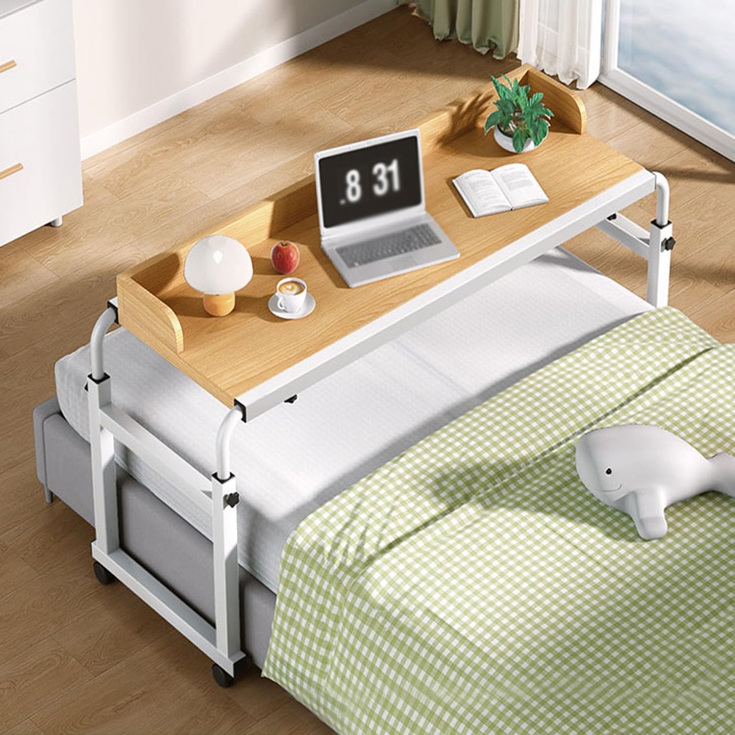 Crafting Table，Table On Wheels Foldaway Desk Reading Table Craft Desk Bed Laptop Table Folding Desk Height Adjustable Desk Work from Home Desk(Color:Wood+)