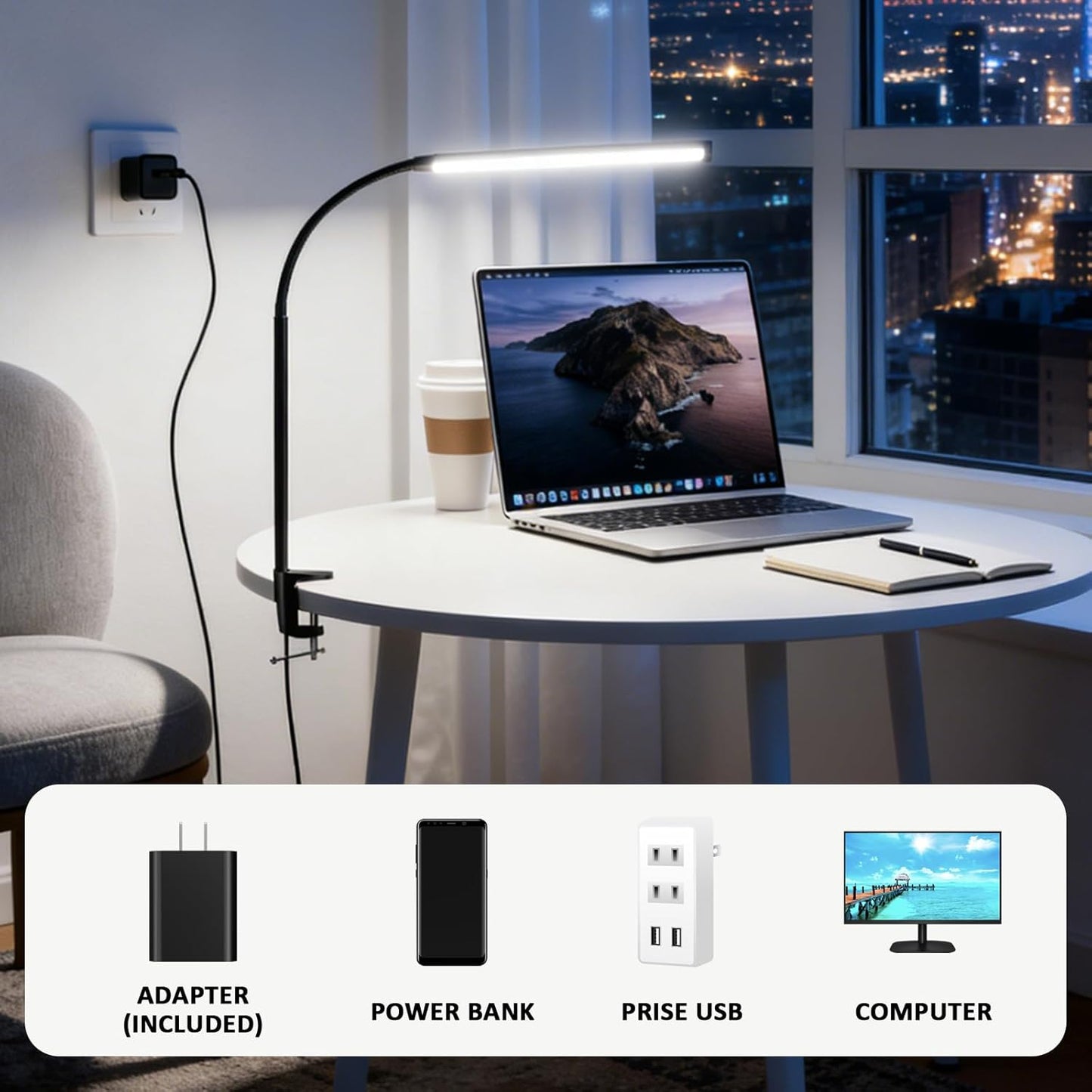 LED Desk Lamp with Clamp Clip on Reading Light Dimmable USB Small Clamp Lamp with 3 Color Modes 10 Brightness, Adjustable Flexible Gooseneck Workbench Light for Bed Headboard, Nail, Computer