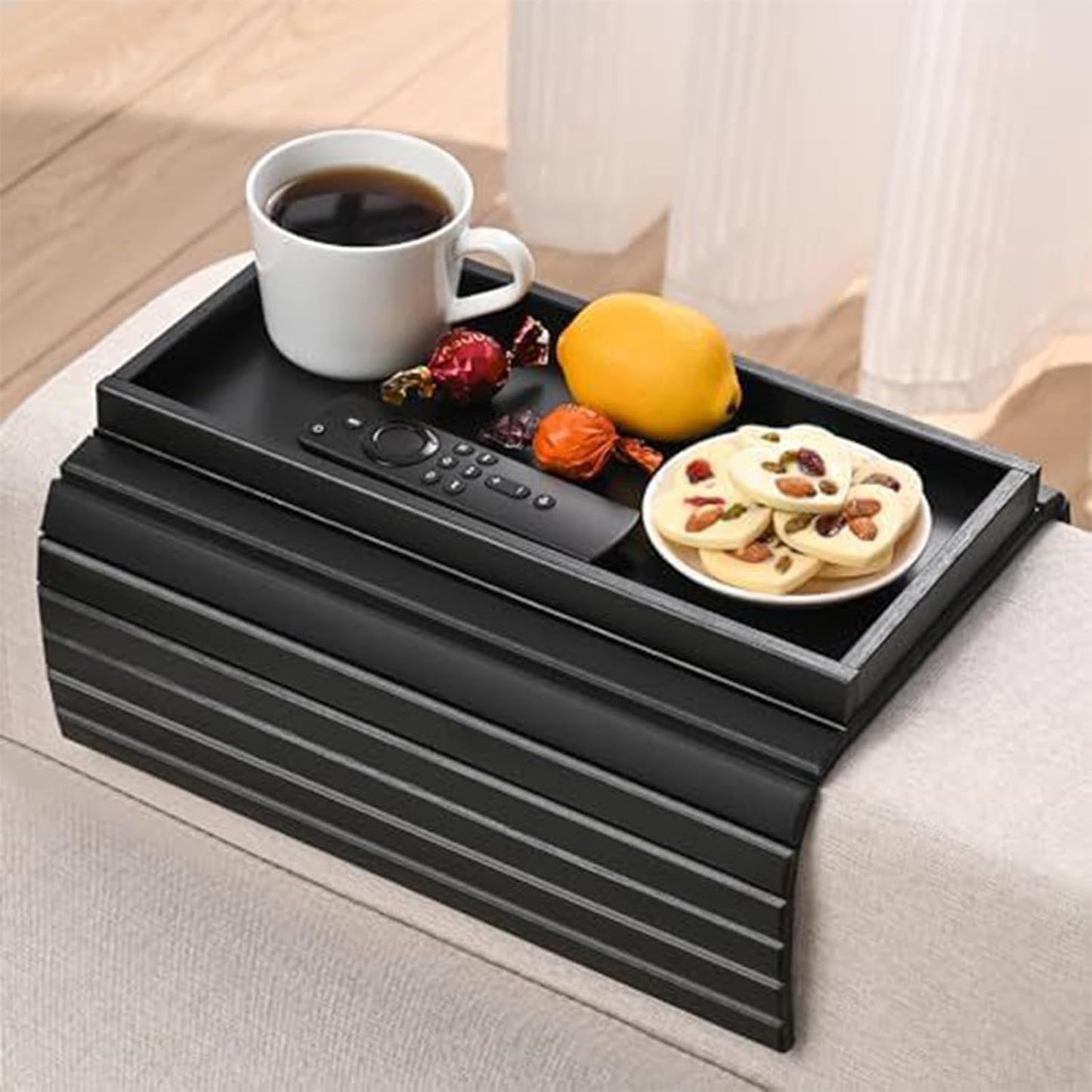 LESSF Couch Armrest Table, Bamboo Couch Arm Tray Sofa Arm Tray with Cup Mats, Anti-Slip Arm Chair Table Trays Sofa Side Table Sofa Arm Table for Remote Control, Drinks, Snacks, Phone, Cups (Black)
