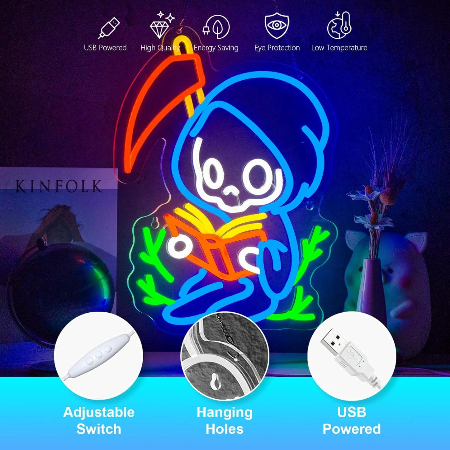 Ghost Reads Book Neon Sign Read Books and Be Kind Neon Signs for Wall Decor Reads Books USB Dimmable LED Lights for Student Suitable for Classroom Bookstore Library Museum Study Room Gift for Teen Boys Girls Christmas