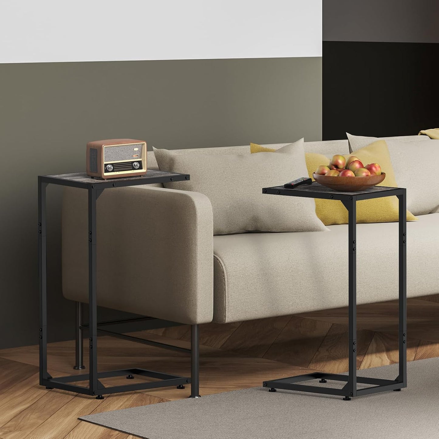 C Shaped End Table Living Room Set of 2 Tray Tables with Metal Frame for Small Spaces, Side Table for Couch Slide Under Sofa, Bedroom, Dark Gray