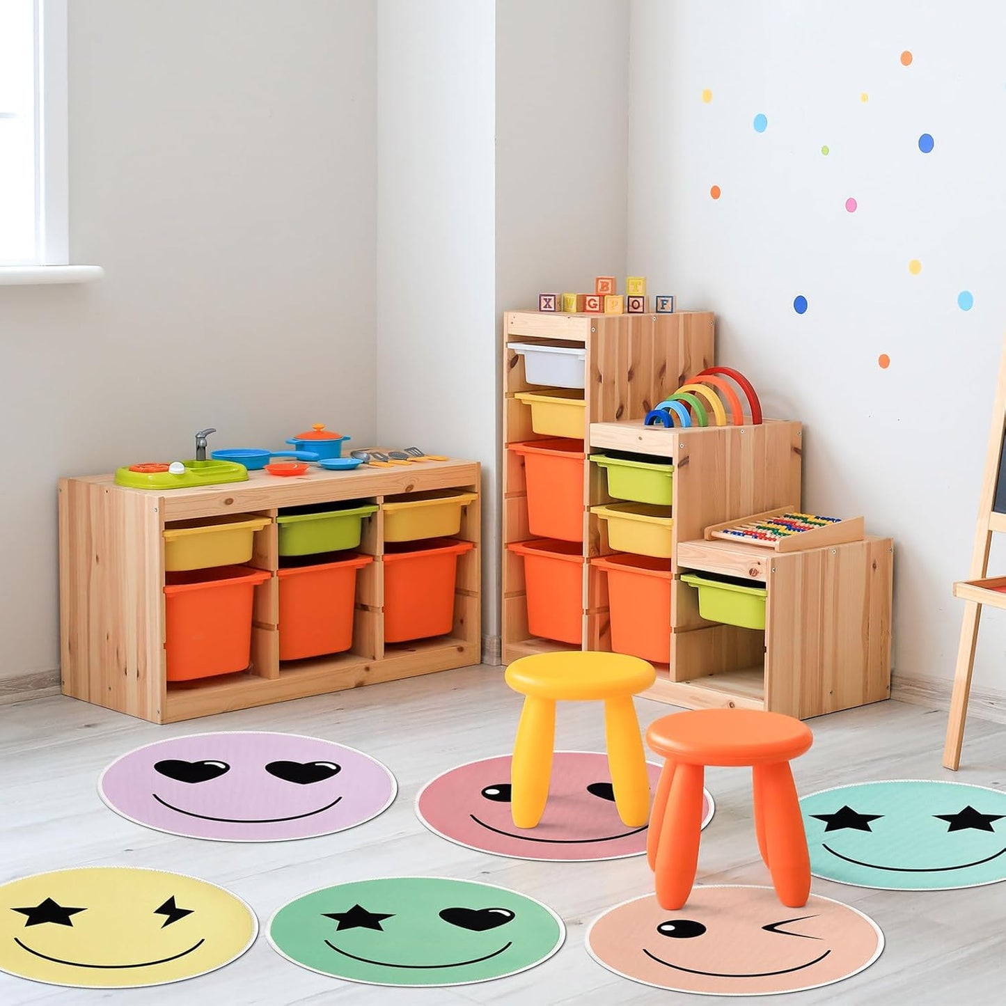 OBUSATT 12Pcs Carpet Circle Seats 15 Inch Round Classroom Rug for Calming Corner Supply Non Slip Floor Cushions Mat for Back to School Mental Health Nursery Learning Playing Areas Decor(Smile Face)
