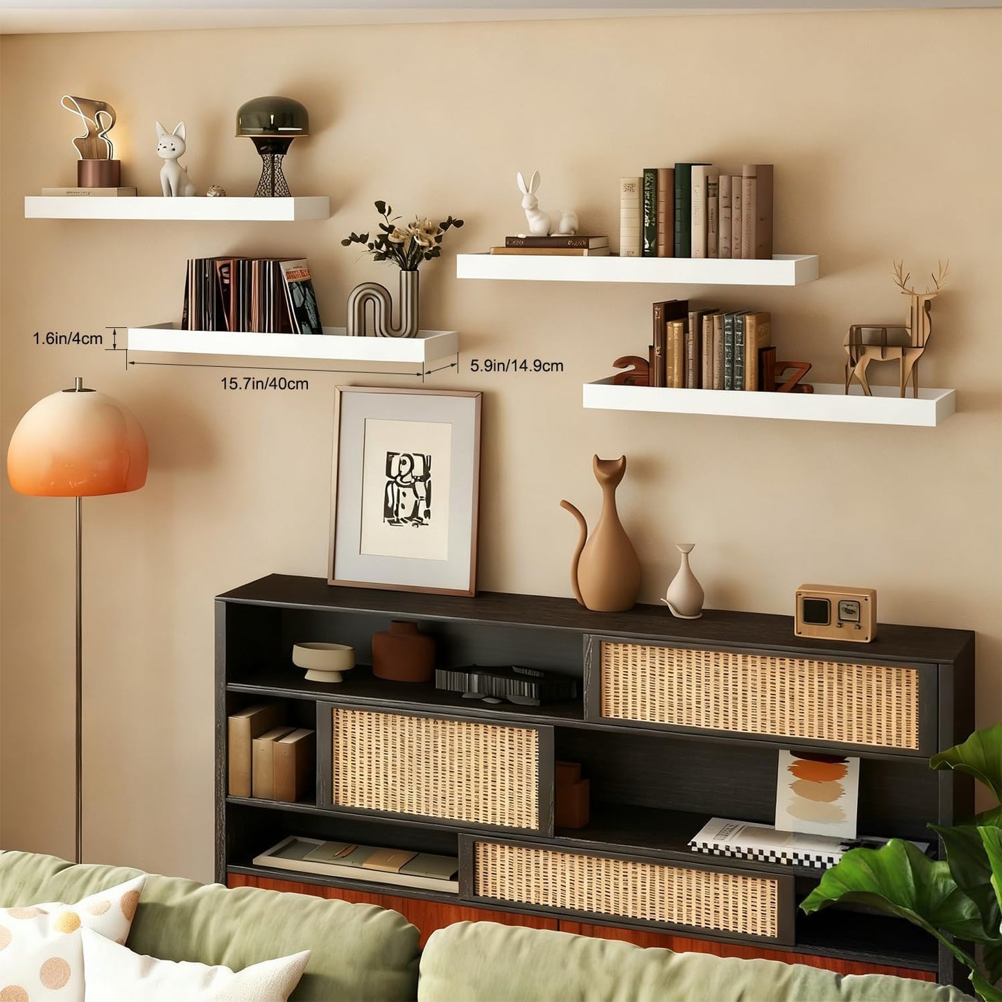 2 Pack 15.7 in White Floating Shelves for Wall, Wooden Wall Shelves for Bedroom Living Room Kitchen, Modern and Rustic Bathroom Shelves with Raised Lip, Decor Floating Shelf for Storage Display