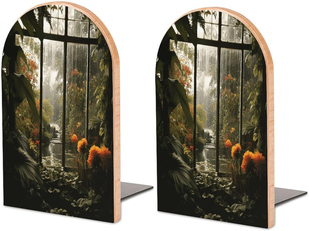 Scenery in The Window Wooden Bookend Non-Slip Book Ends Heavy Duty Book Stopper with Metal Base Books Holderd Decorative Bookends Stands Firmly for Office Supplies