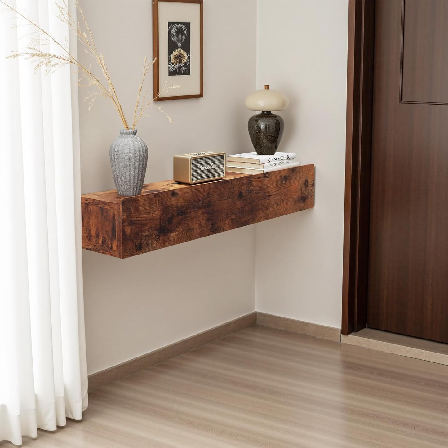 Floating Solid Wood Console Table, 32'' Wall Mounted Narrow Entryway Table with Storage Shelf, Modern Couch Shelves Small Entry Way Tables for Entryway, Front Hall, Hallway (Rustic Brown)