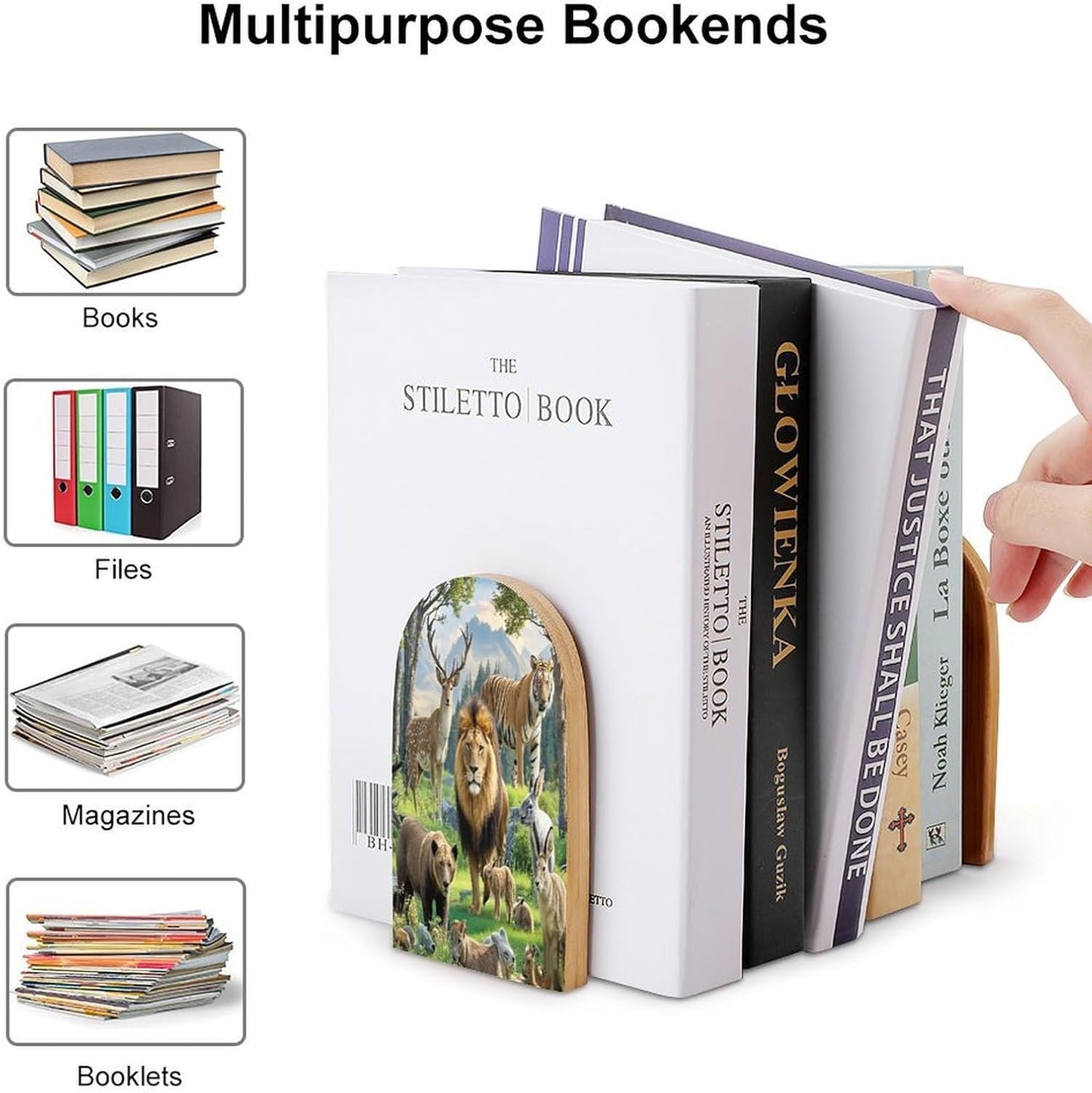 Wild Animals Bookends 1 Pair Heavy Duty Book Ends for Shelves Non-Skid Bookend Supports Wooden Book Holders with Metal Base Desk Organizers Books Storage to Hold Books