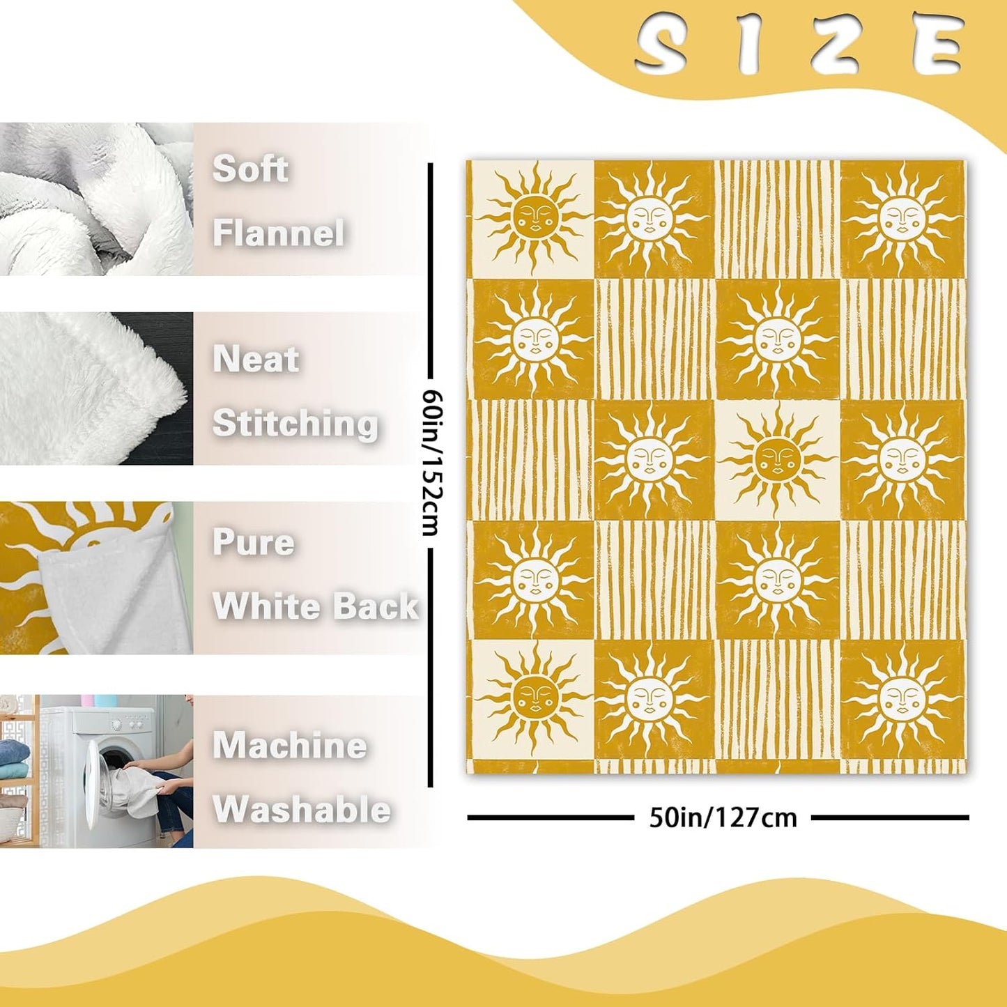 Boho Sun Face Flannel Throw Blanket, Bohemia Sunshine Yellow Birthday Gifts for Kids Men Women, Sunny Plaid Check Stripes Soft Blankets for Bedding Sofa 50" x 60"