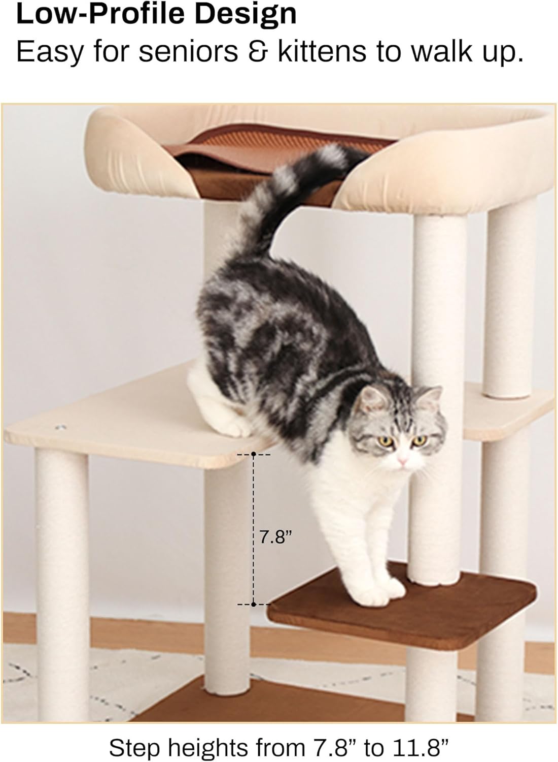 Cat Tree for Large Cats, Modern Senior Friendly Cat Tower with Wide Shelves, Cotton Scratching Posts, Super Sturdy Base, Cozy Perches, and Interactive Toys for Indoor Kittens, 37.4'' Cream.