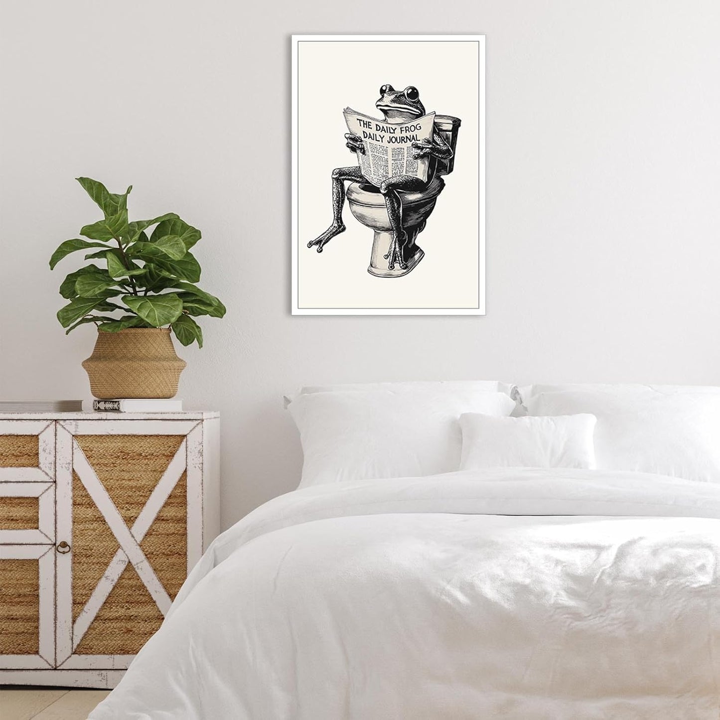 FBKDVC Bathroom Frog Poster Funny On Toilet Canvas Wall Art Black And White Funky Reading Newspaper Print Quirk Animal Picture For Restroom Guestroom 16x24in Unframed