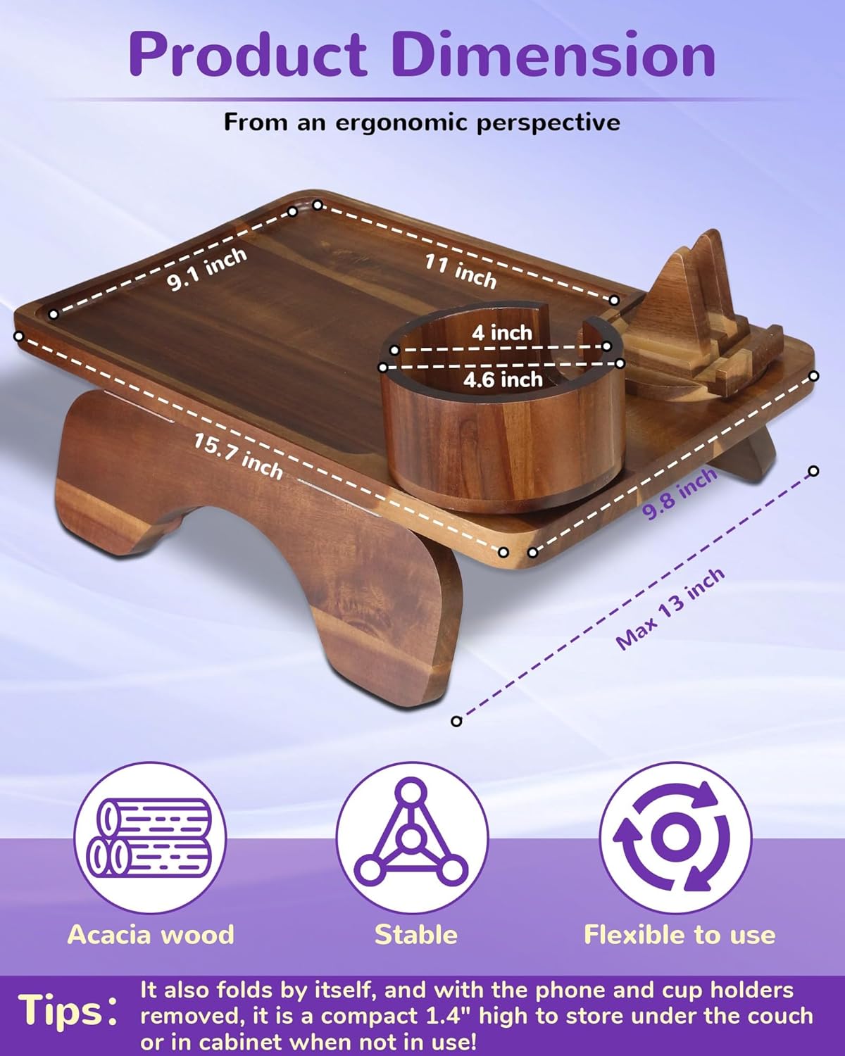 Couch Armrest Table with Oversized Cup Holder & Dual-Tower Phone Stand 3-in-1 Sofa Arm Tray, Acacia Wood Couch Arm Table with 360° Rotating Holders, Foldable Couch Cup Holder Tray for Drinks & Snacks
