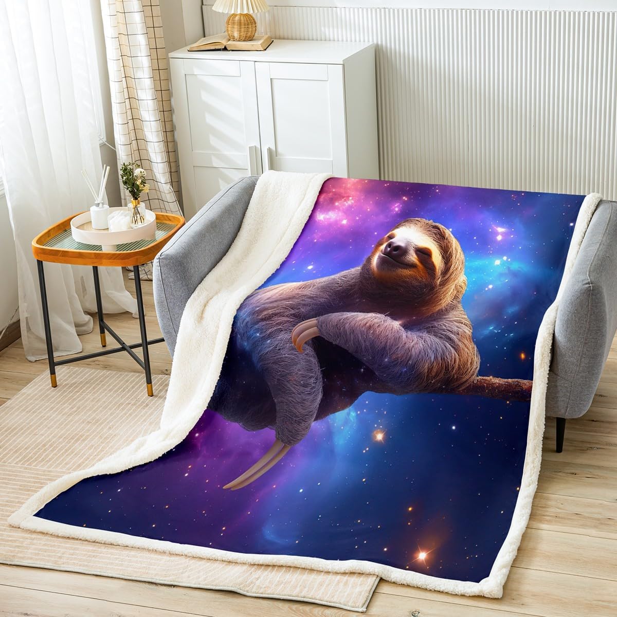 Cute Sloth Plush Blanket 3D Funny Animal Galaxy Fleece Blanket Chic Purple Blue Starry Sky Sherpa Throw Blanket for Bed Sofa Couch Outer Space Sleeping Sloth Fuzzy Blanket Room Decor Twin 60"x80"