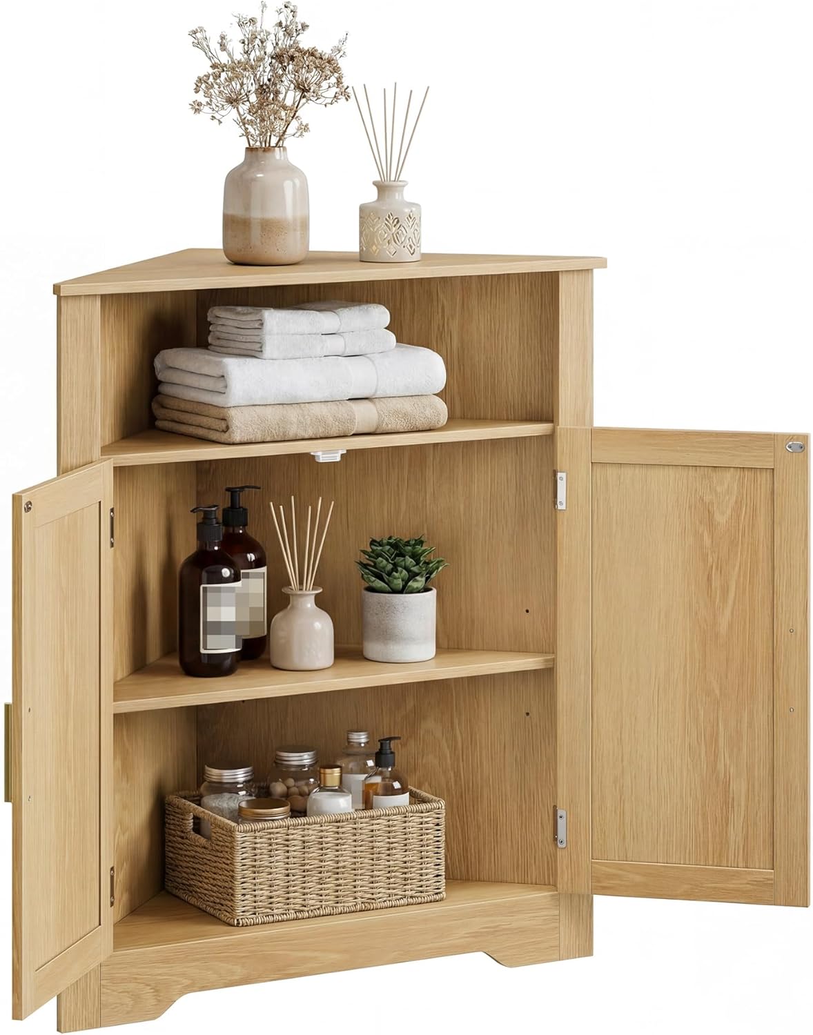 Smuxee Bathroom Corner Cabinet, Floor Corner Storage Cabinet with Fluted Door and Adjustable Shelf, Wooden Narrow Cabinet Organizer for Bathroom, Kitchen, Living Room