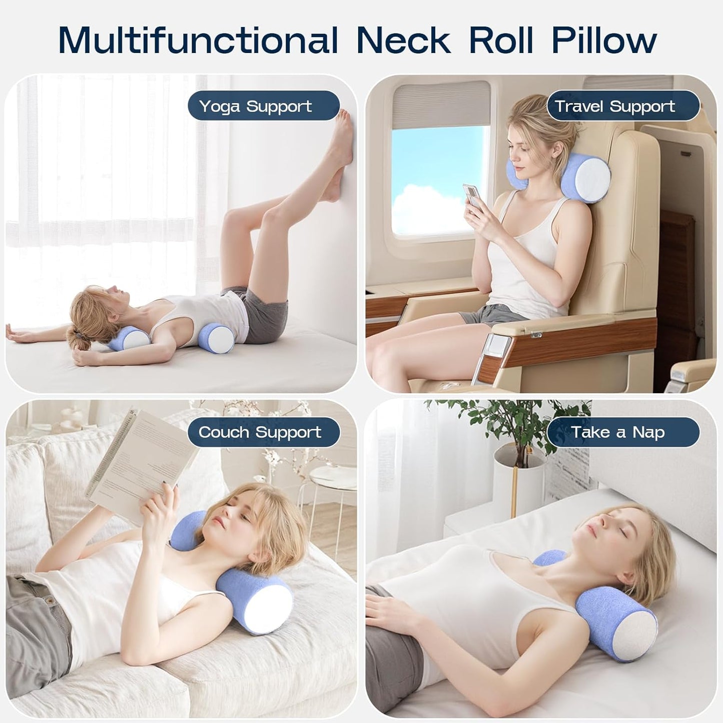 Neck Roll Cervical Pillow for Neck Pain Relief - Memory Foam Neck Pillow for Bed, Round Neck Pillows for Sleeping, 15.7 * 6 * 6inch (Blue-White)