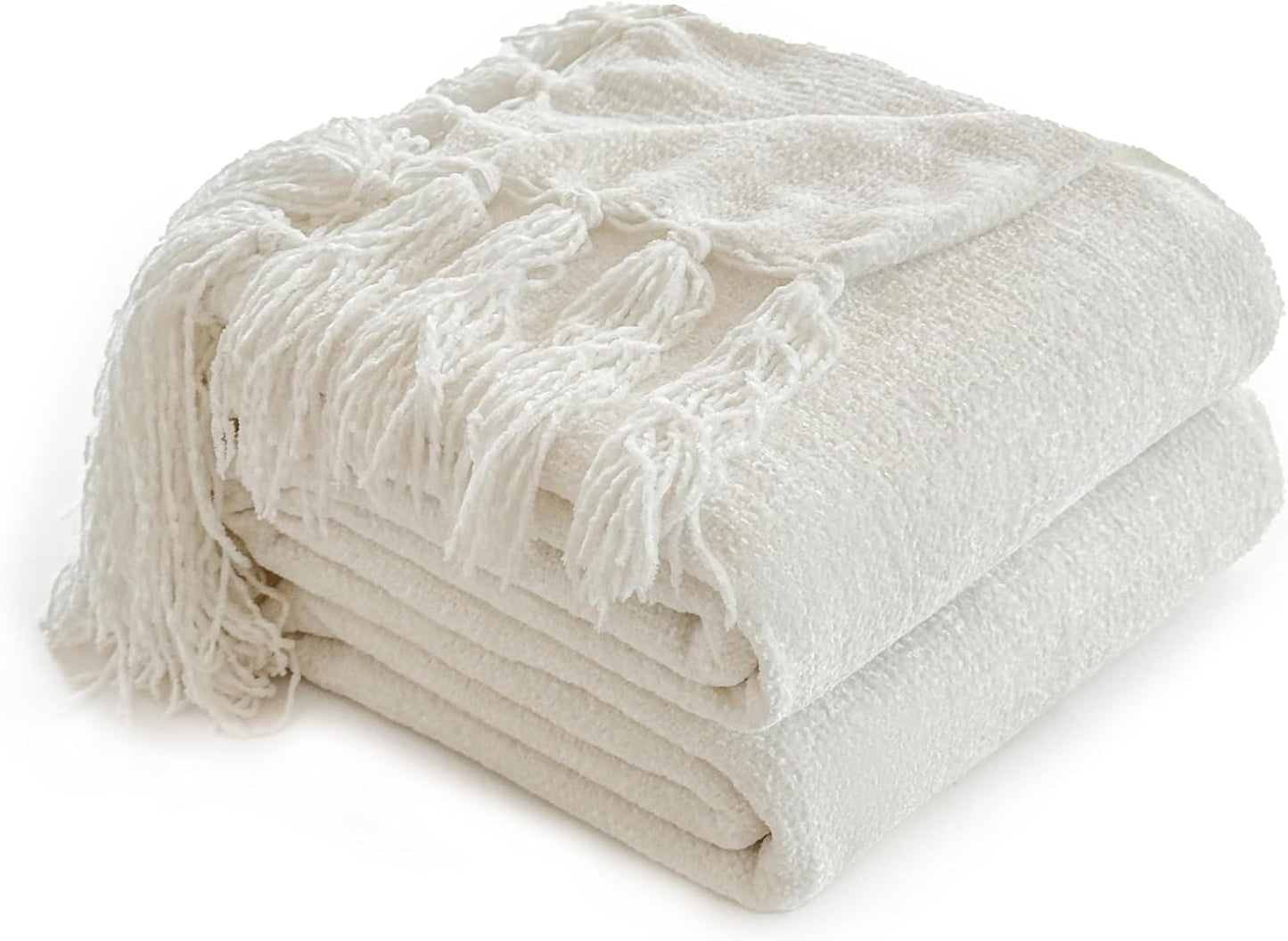 Simple&Opulence Soft Chenille Throw Blanket 50'' x 60'' - Cozy Fluffy Blanket with Fringe Tassel, Farmhouse Boho Blankets for Couch Bed Office Chair Gift Home Decor All Season Use, Cream