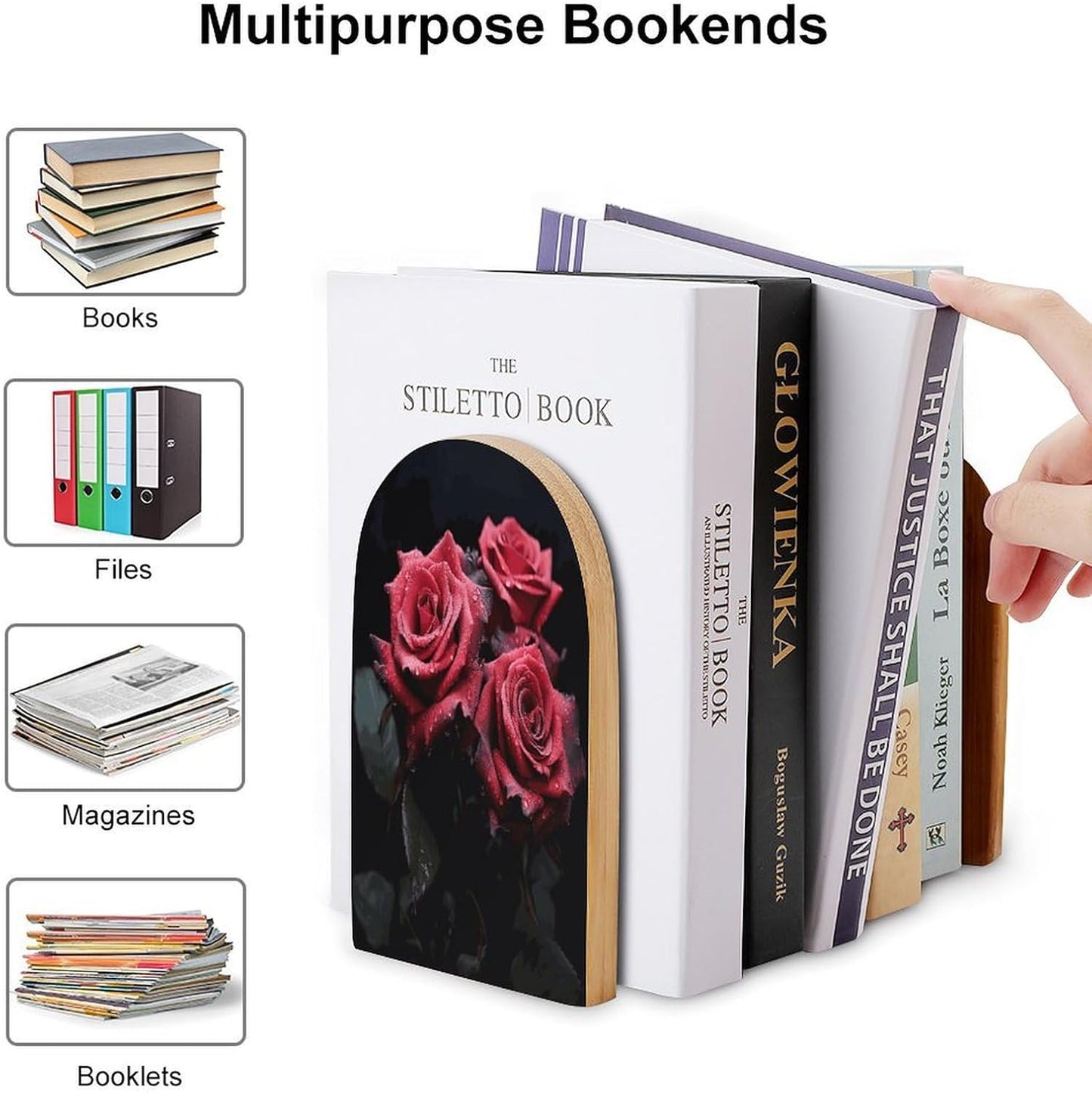 Red Rose and Black Leaves Wooden Bookend Non-Slip Book Ends Heavy Duty Book Stopper with Metal Base Books Holderd Decorative Bookends Stands Firmly for Office Supplies