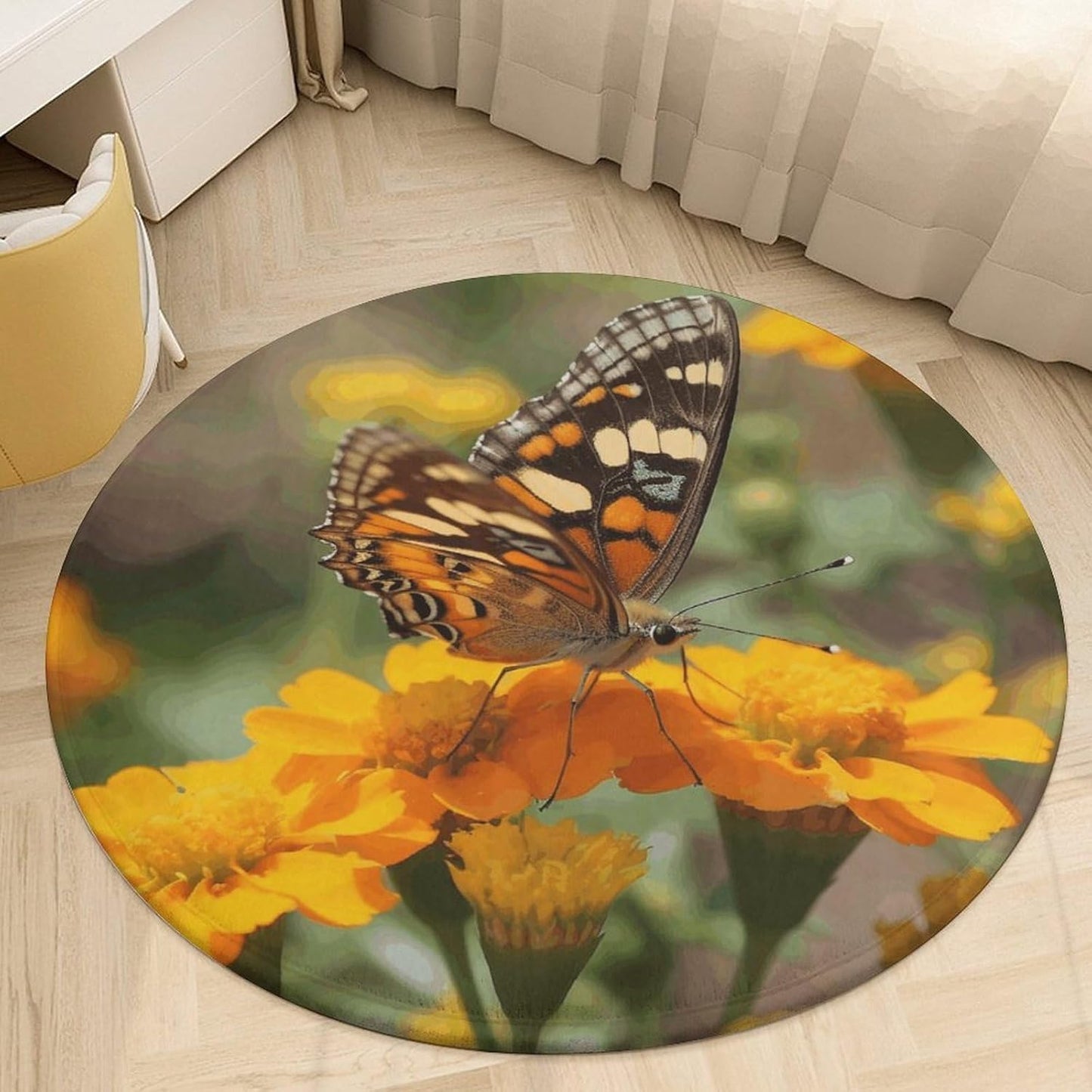Wildflower Butterfly Circle Rug Retro Luxury Coral Velvet Floor Mat Non Slip Soft Indoor Floor Carpet Comfy Thickened Area Rugs Modern Aesthetic Minimalist Carpets for Home Decor