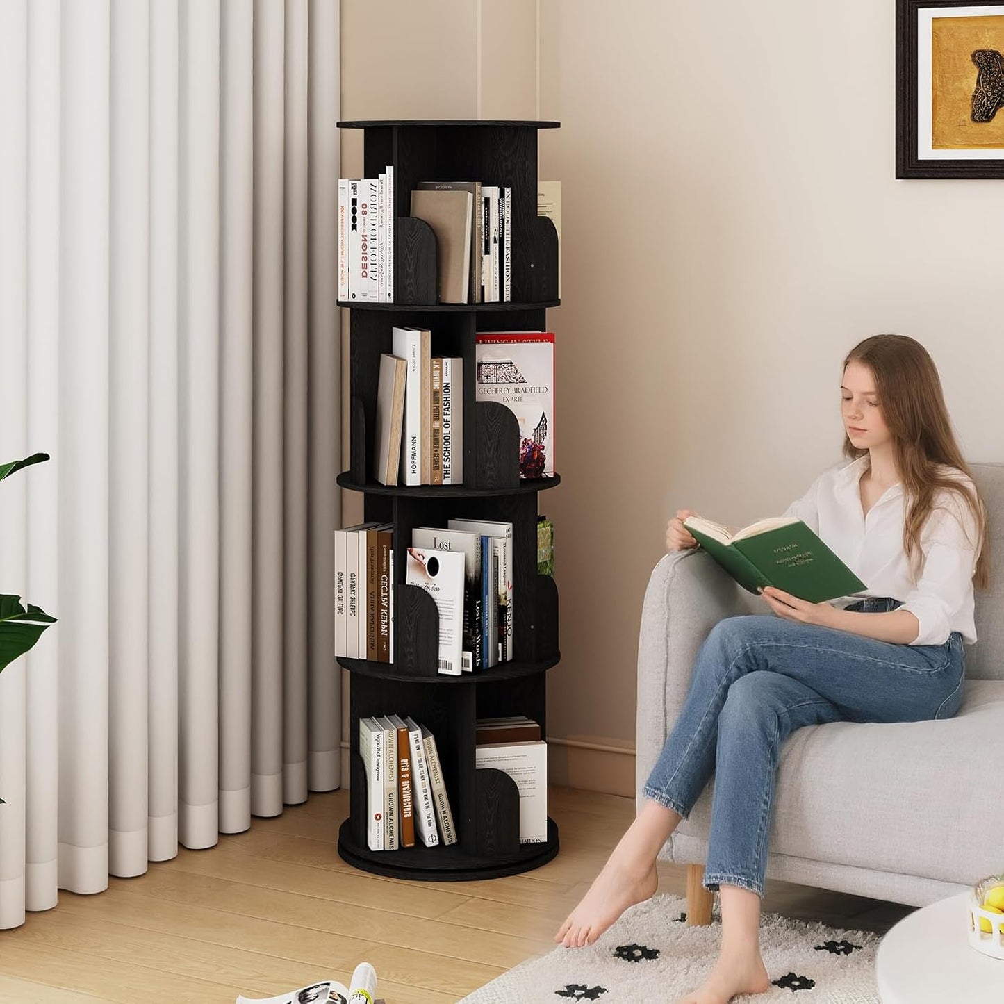 360°Rotating Bookshelf,4 Tier Corner Bookcase,Book Shelf,Floor Storage Wood Organizer for Sturdy,Home Office,Living Room,Bedroom,Kids Room