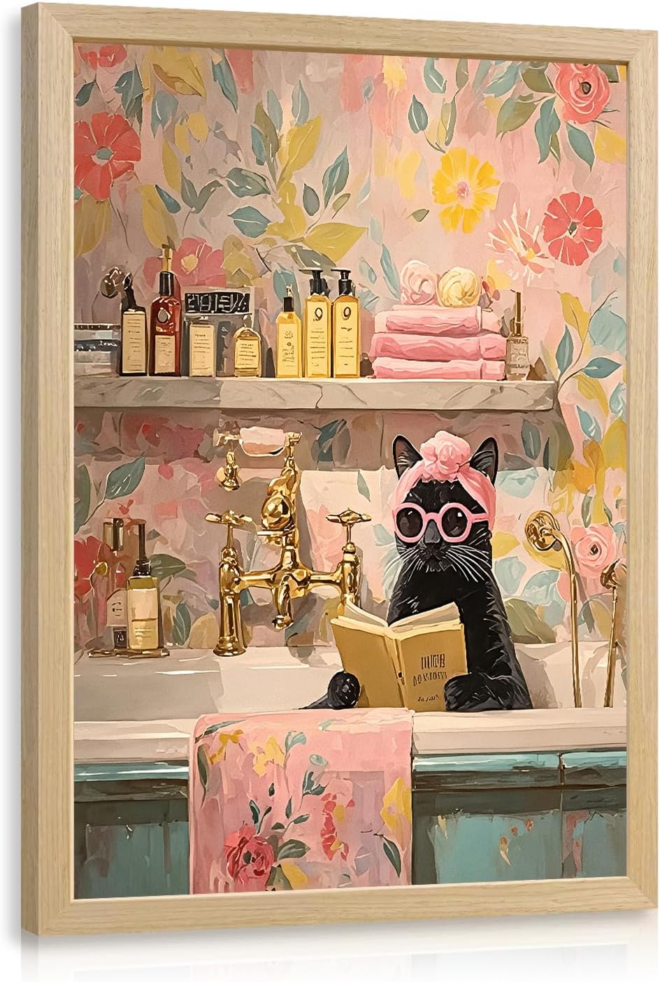 EisEver Funny Pink Bathroom Wall Art, Elegant Black Cat Reading Wall Decor, Humorous Cat in Bathtub Canvas Painting, Cute Animal Aesthetic Picture for Bathroom Powder Room Wood Framed 12x16 Inch