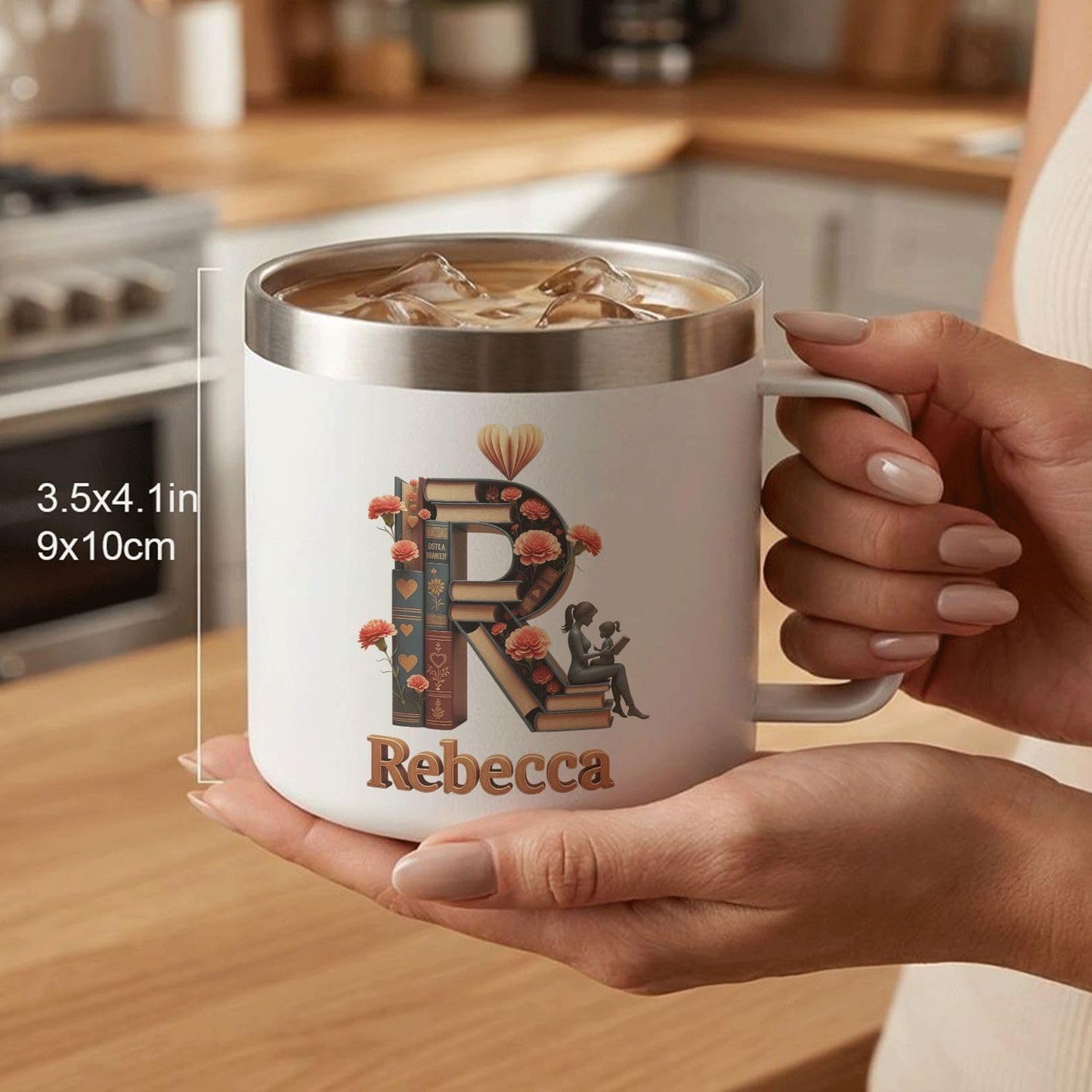 Personalized Book Lover Coffee Mug with Initial & Name - 14oz Insulated Stainless Steel Tumbler with Handle and Lid - Custom Reading Gifts for Women, Her, Bookworms, Librarians