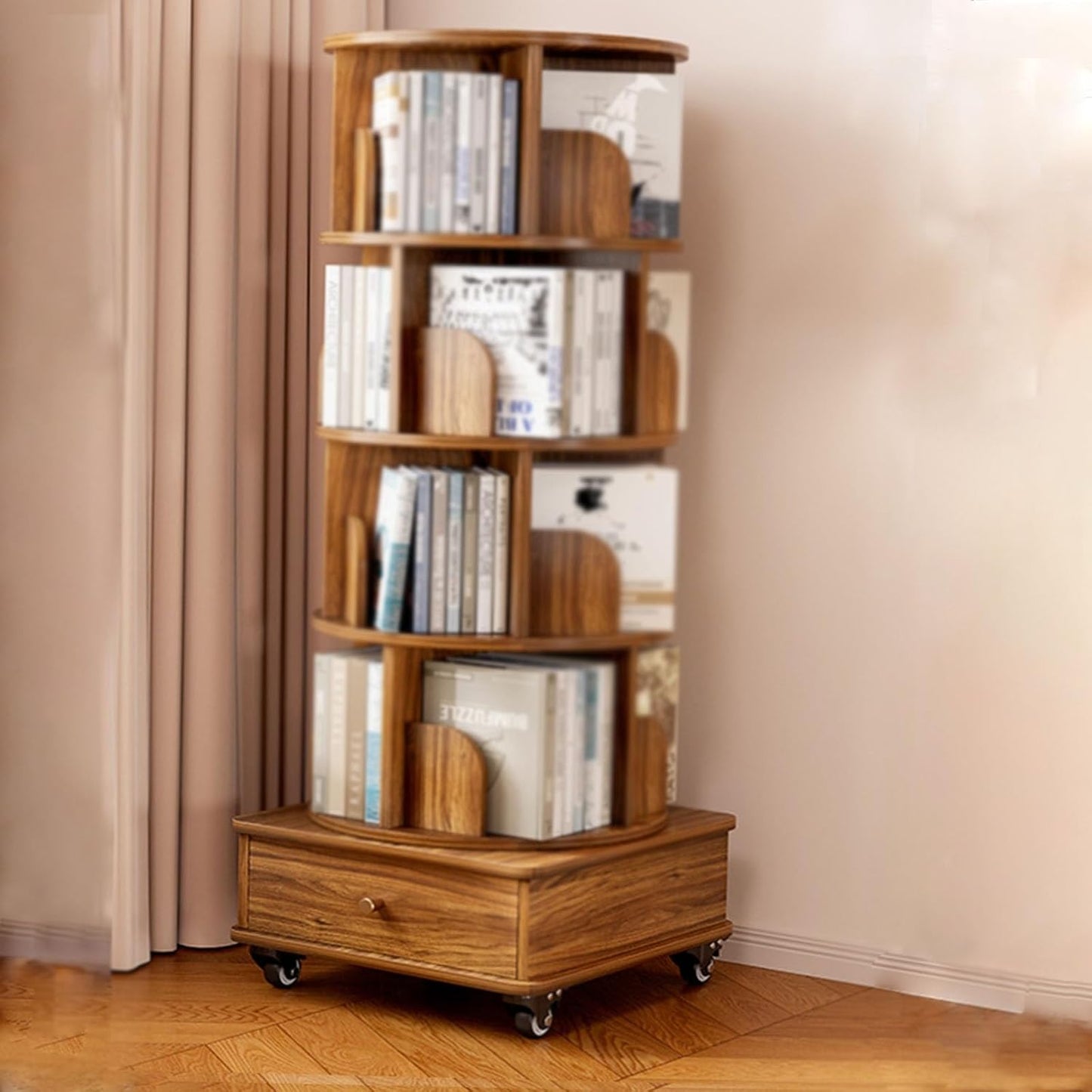4/5 Tier Round Rotating Bookshelf 360° Spinning Bookshelf Tower Movable Floorstanding Bookcase With Wheels，spinning Storage Tower Corner Bookshelf For Small Space For Bedroom, Living Room(Walnut,4tier