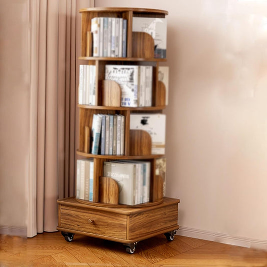 4/5 Tier Round Rotating Bookshelf 360° Spinning Bookshelf Tower Movable Floorstanding Bookcase With Wheels，spinning Storage Tower Corner Bookshelf For Small Space For Bedroom, Living Room(Walnut,4tier