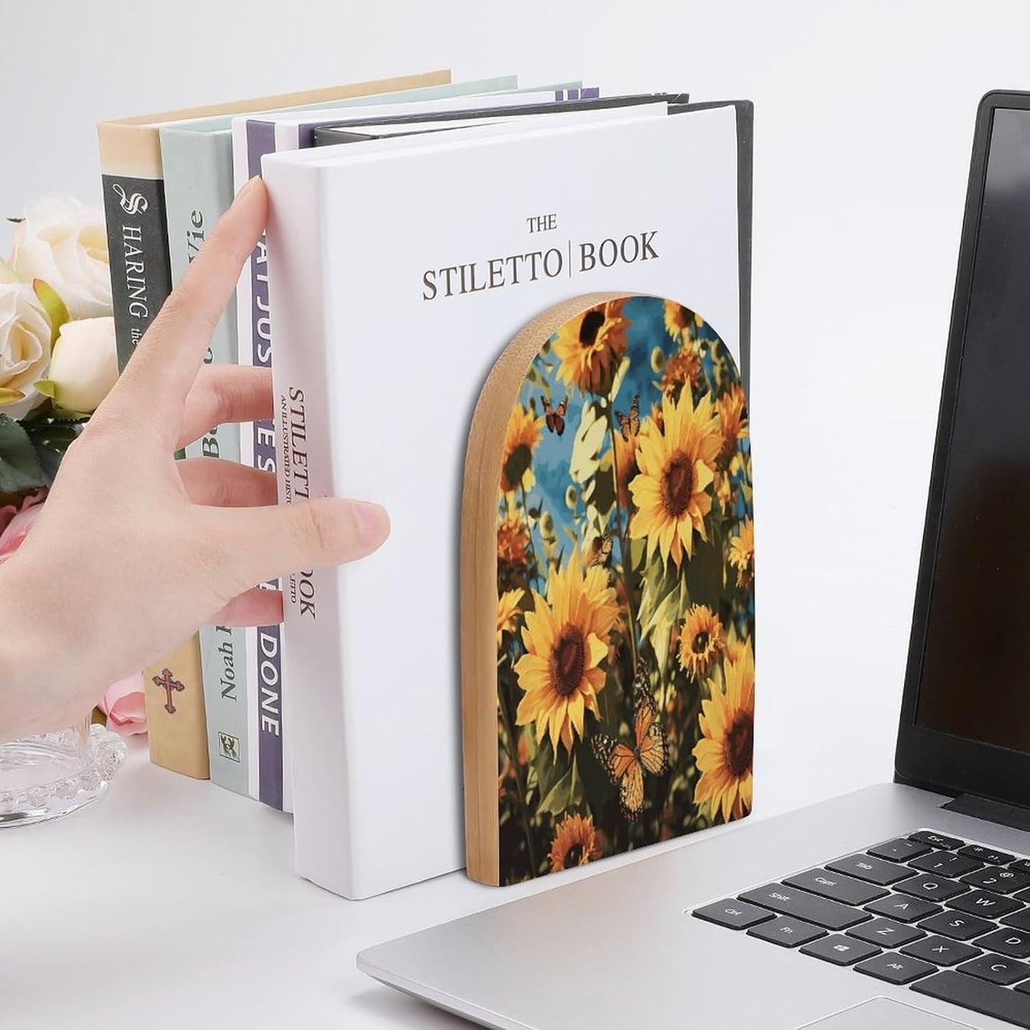 Sunflowers and Butterflies Bookend for Shelves Wooden Book End Large Size Sturdy Book Holders Stoppers with Metal Base for Bookshelves Slick Decorative Bookends Stands