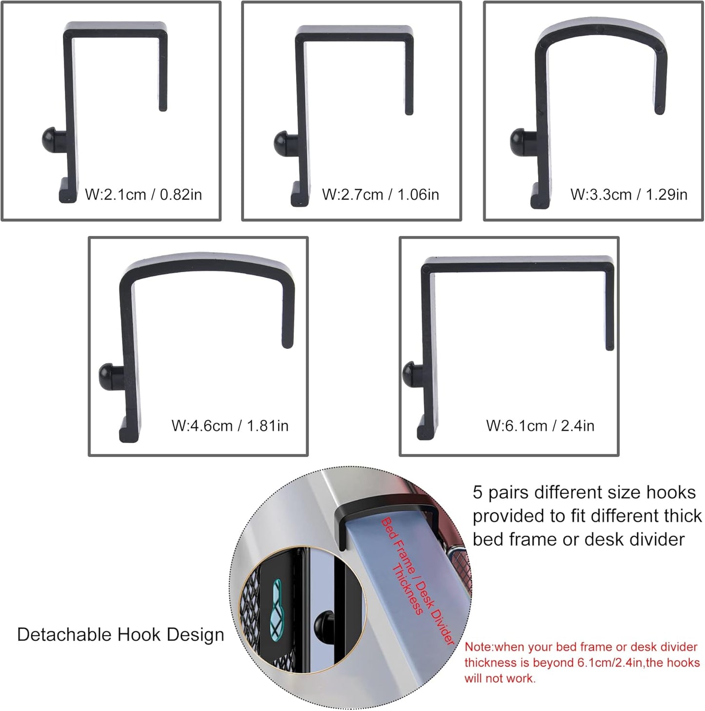 Bedside Shelf for Bed & Bunk Bed Storage Basket Office Cubical Wall Hanging Organizer - 5 Different Size Hooks - College Dorm Home Office Essentials for Phone,Book,Drink,Tissue (Black)