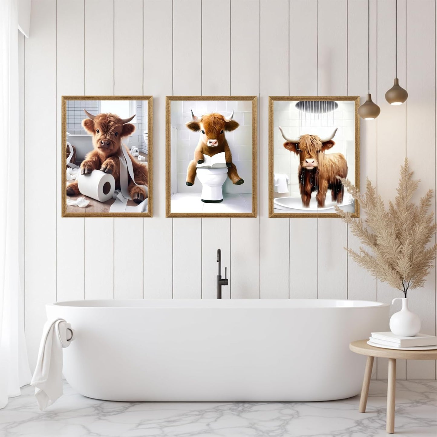 FYLDPSB 3Pcs Framed Little Highland Cow Bathroom Canvas Wall Art, Funny Signs Animal Wall Decor, Rustic Cute Poster Prints for Bathroom Restroom Decor 24''L x 16''W