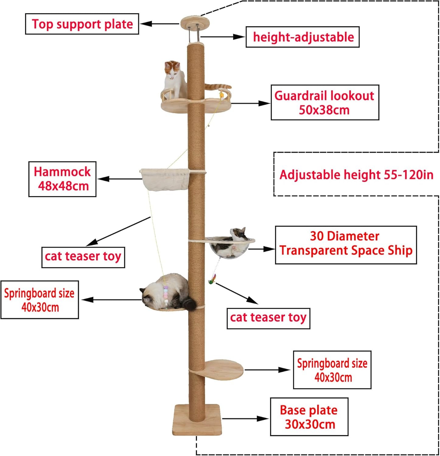 Floor to Ceiling Cat Tree Height (50-120in) Adjustable Cat Tower 5 Tier Hemp Scratching Post High Cat Tree Sturdy Activity Tree Indoor Outdoor Cat Scratching Post Activity Center