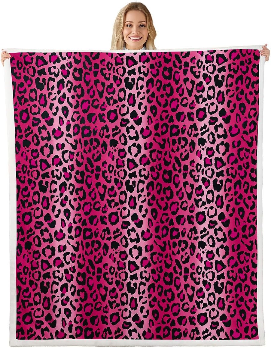 Feelyou Leopard Print Sherpa Blanket, 50x60 Inch, Pink, Animal Print, Microfiber, Throw Blanket, Modern, Unique Design, Multi-purpose, Heavy Weight, Suitable for Reading, Napping, Camping, Travel