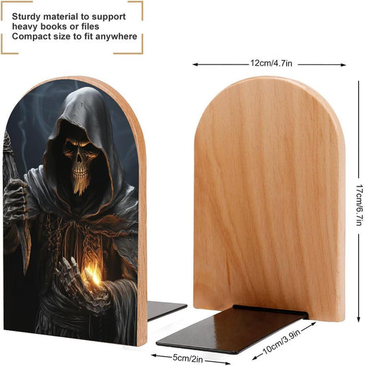 Grim Reaper Book Ends Wooden Bookends Non-Skid Metal Base Heavy Duty Book Shelves Decor, Decorative Bookends for Books/CDs Bookshelf Table Home Decor