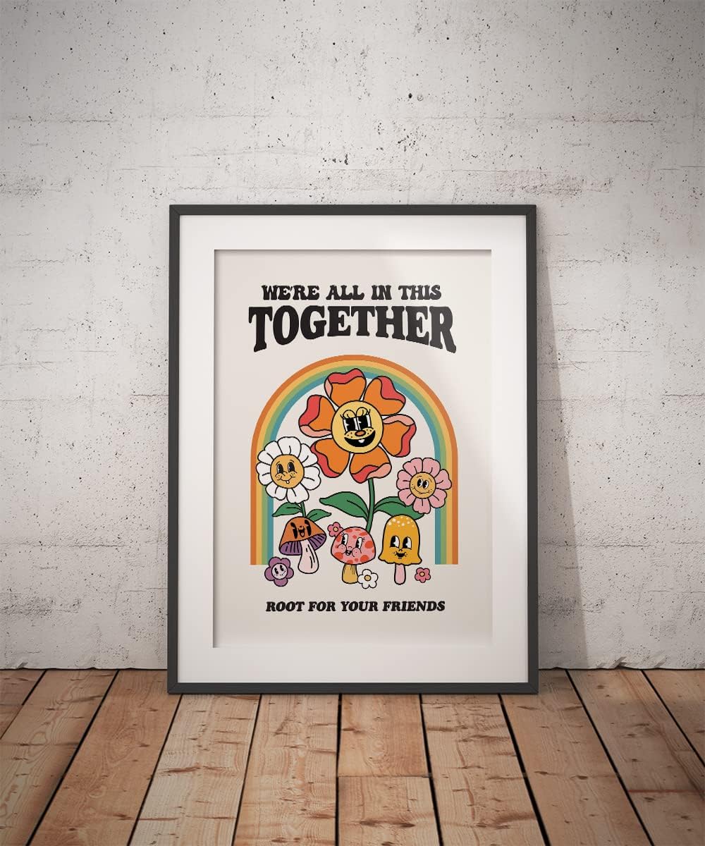 Retro Flower Poster, Groovy Hippie Wall Art, Retro 60s 70s Poster, Positive Quote Wall Art, Cute Room Decor, Cool Wall Decor