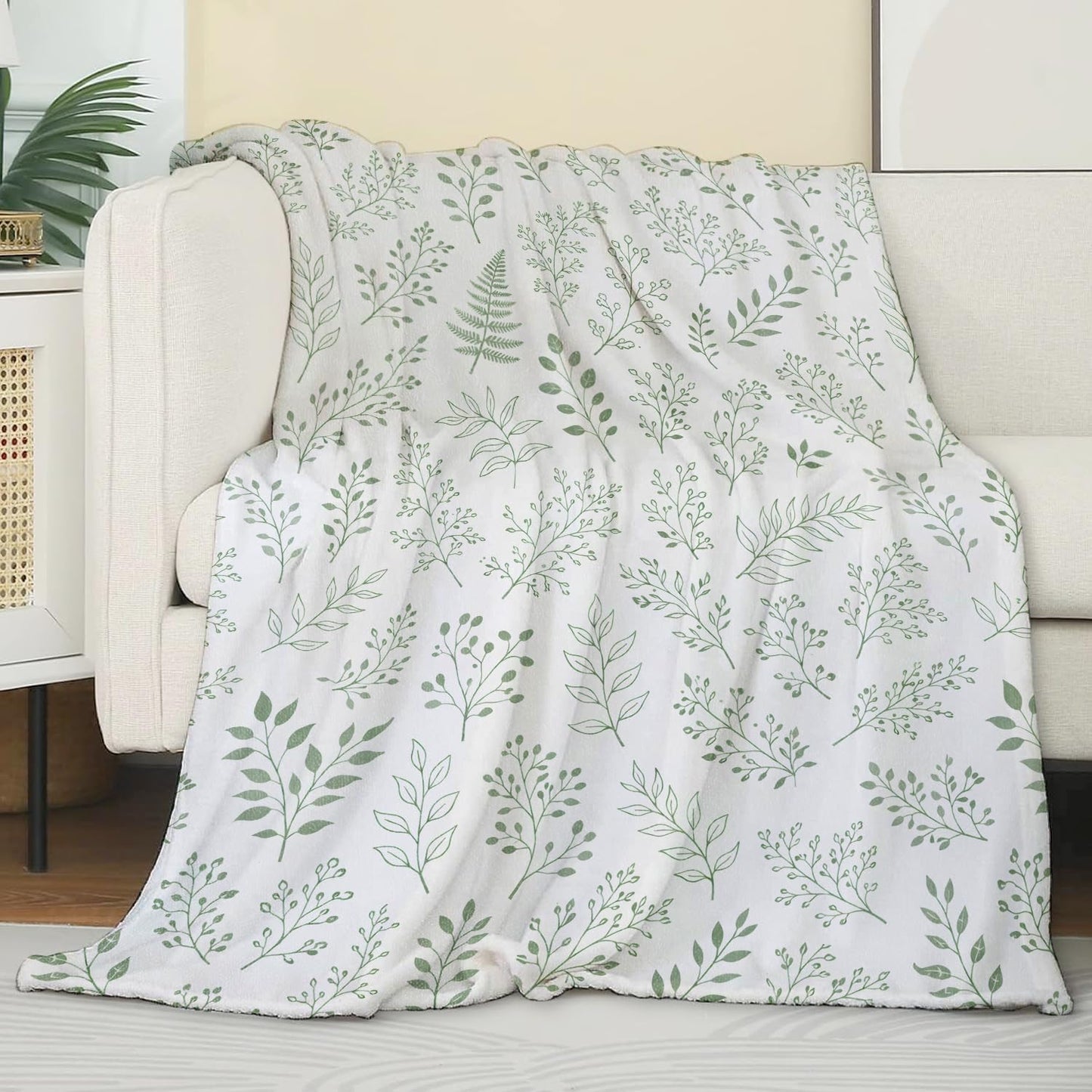 Botanical Flannel Blanket, Soft Cozy Throw with Minimalist Leaf Botanical, Lightweight Blankets for All Seasons, Modern Nature Home Sofa Bed Decor and Gifts for Women Kids Girls, 50x60 Inch