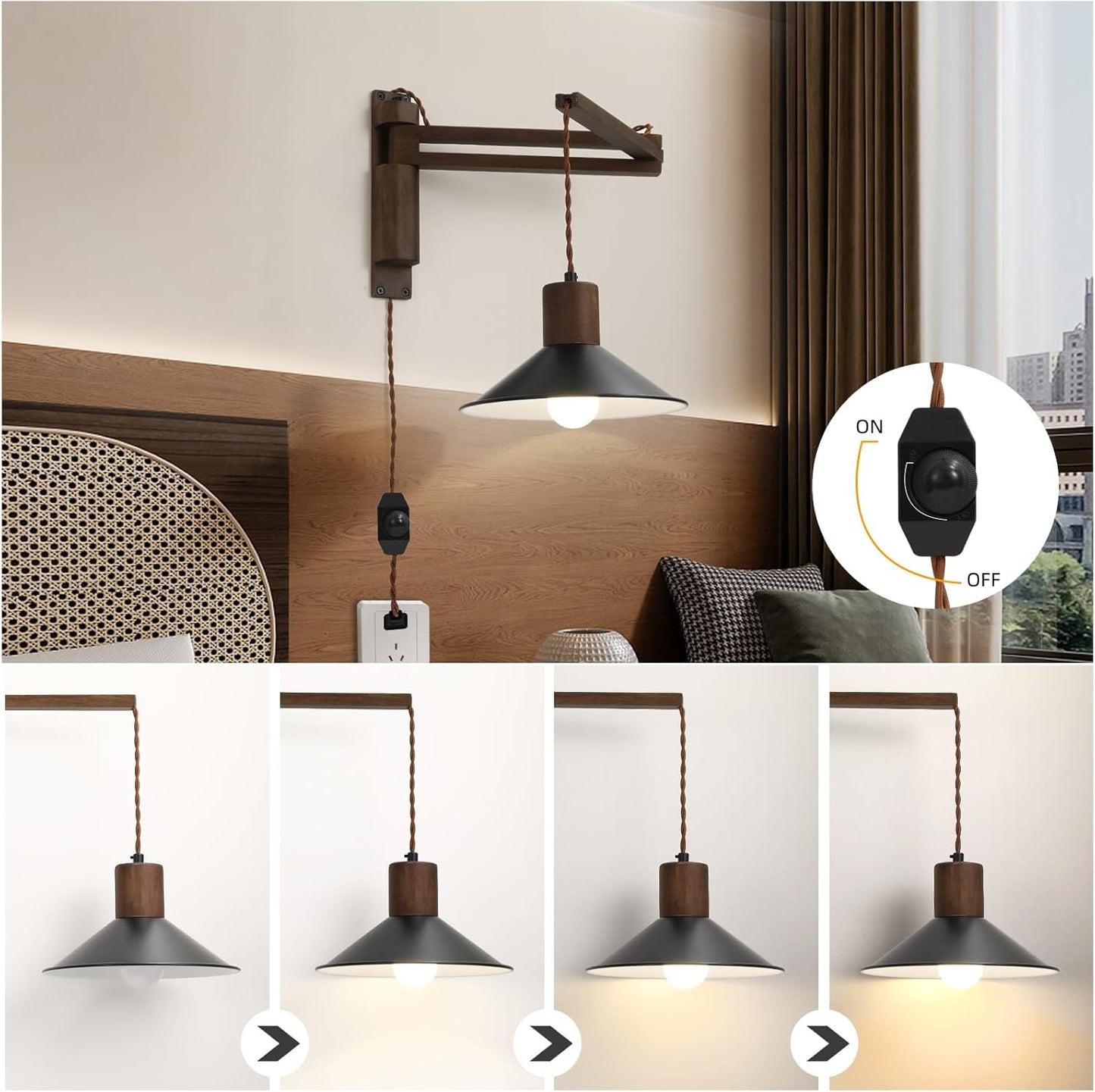 Wood Plug in Wall Sconces, Swing Arm Wall Lamp with Dimmable On Off Switch, 8.6 inch Vintage Wall Mounted Light Fixture with Cord for Bedroom Nightstand Bedside Reading Lamp - Bulb Included